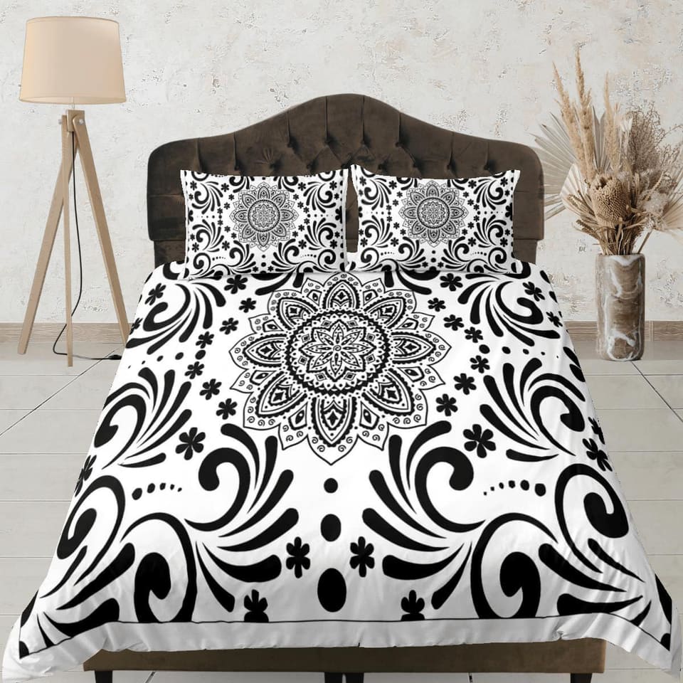 Black and white mandala duvet cover boho bedding set full, queen, king, dorm bedding, aesthetic room decor indian bedsprea…