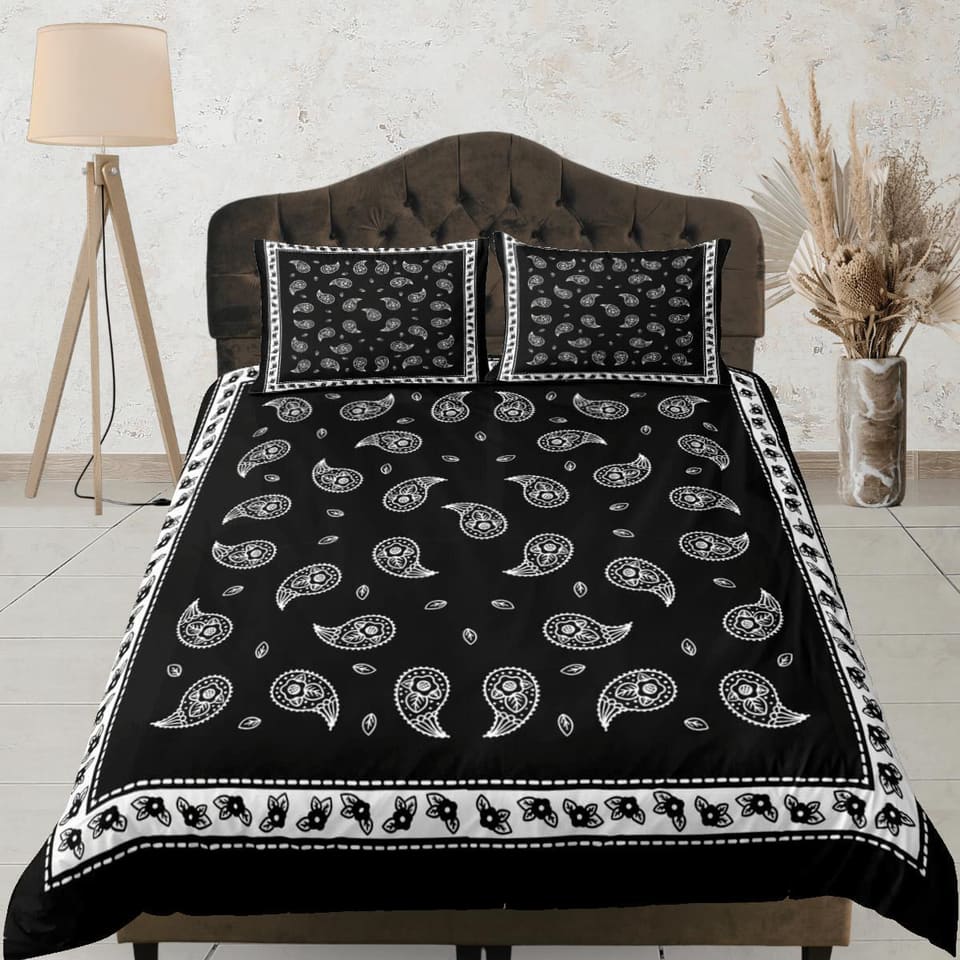 Black bandana paisley duvet cover set, aesthetic room decor bedding set full, king, queen size, abstract boho bedspread, l…