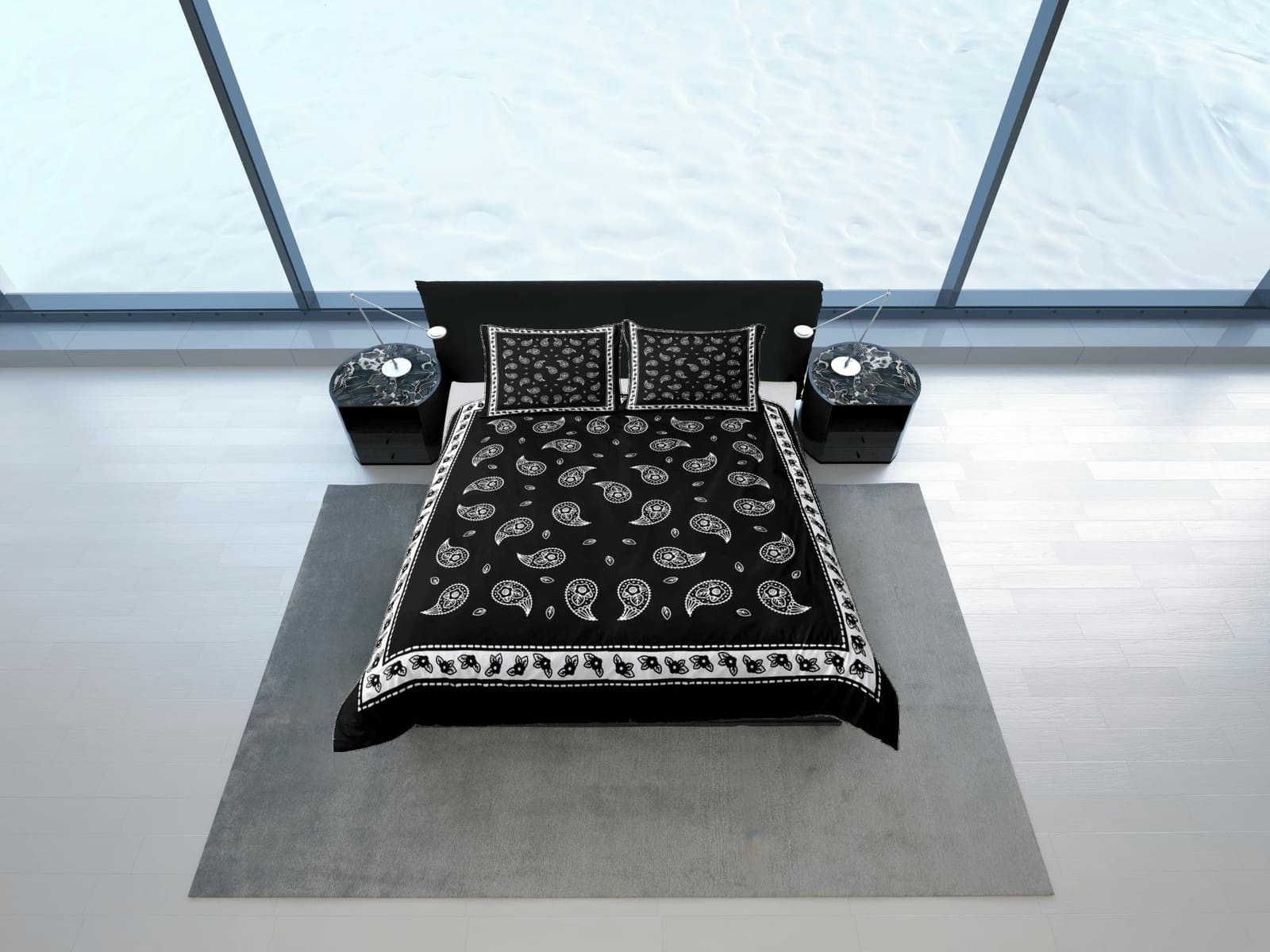 Black bandana paisley duvet cover set, aesthetic room decor bedding set full, king, queen size, abstract boho bedspread, l…