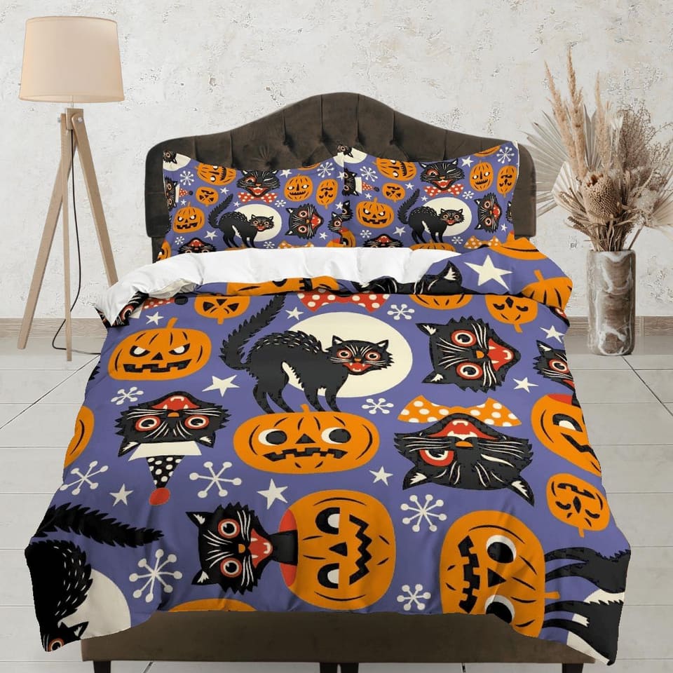 Black cat and pumpkin halloween bedding & pillowcase, gothic duvet cover, dorm bedding, goth decor toddler bedding, hallow…