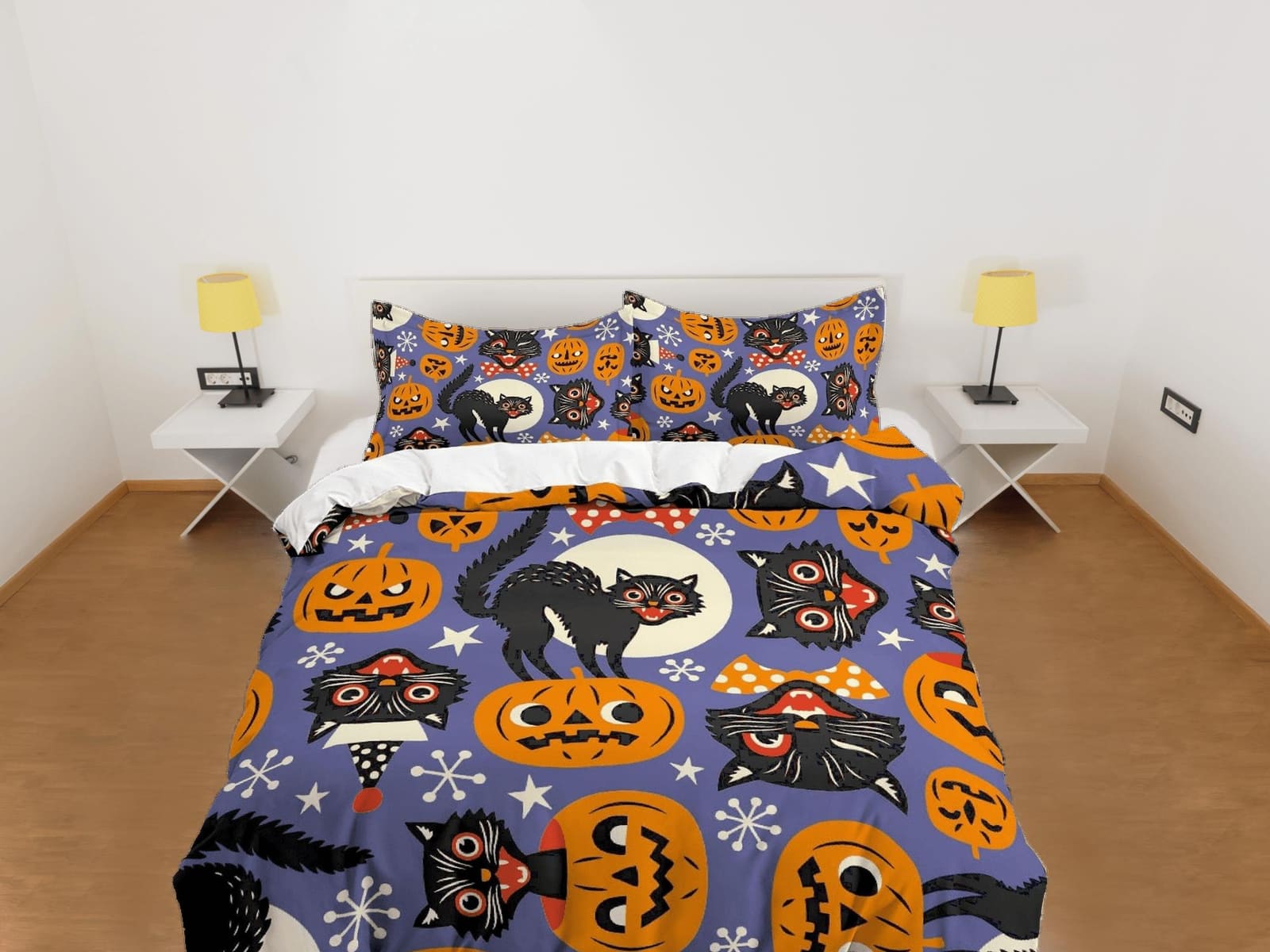 Black cat and pumpkin halloween bedding & pillowcase, gothic duvet cover, dorm bedding, goth decor toddler bedding, hallow…