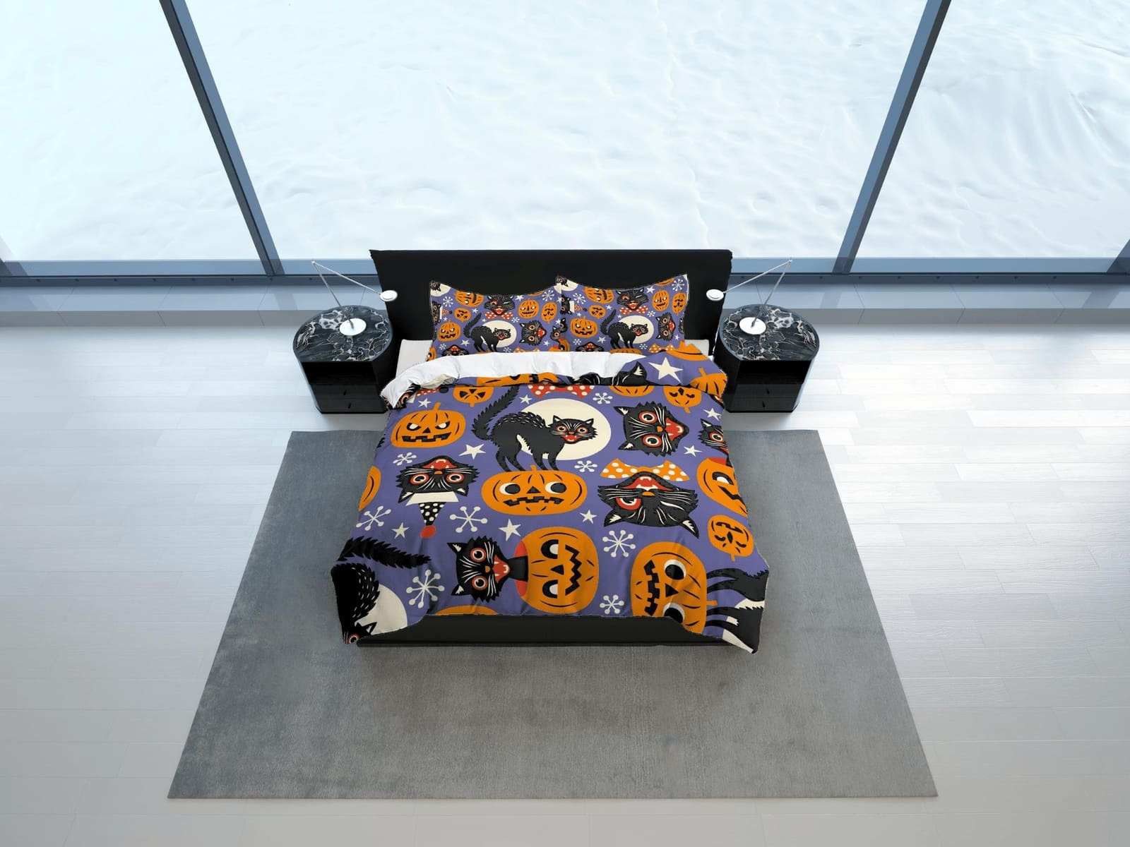 Black cat and pumpkin halloween bedding & pillowcase, gothic duvet cover, dorm bedding, goth decor toddler bedding, hallow…