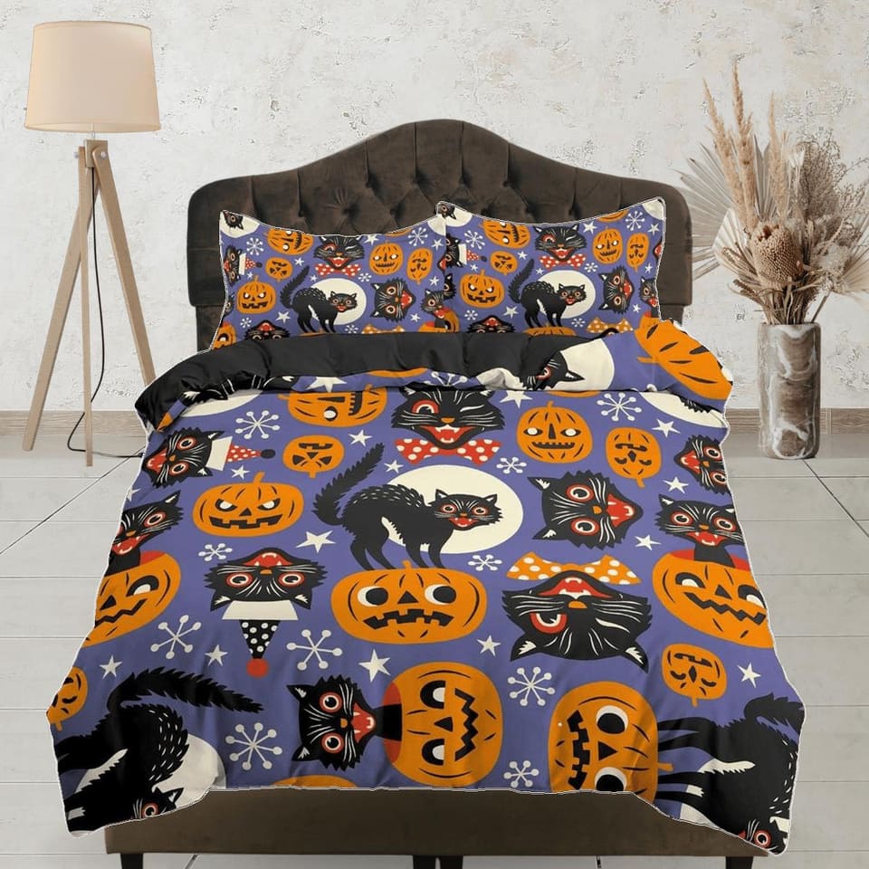 Black cat and pumpkin halloween bedding & pillowcase, periwinkle purple duvet cover set dorm bedding, nursery toddler bedd…