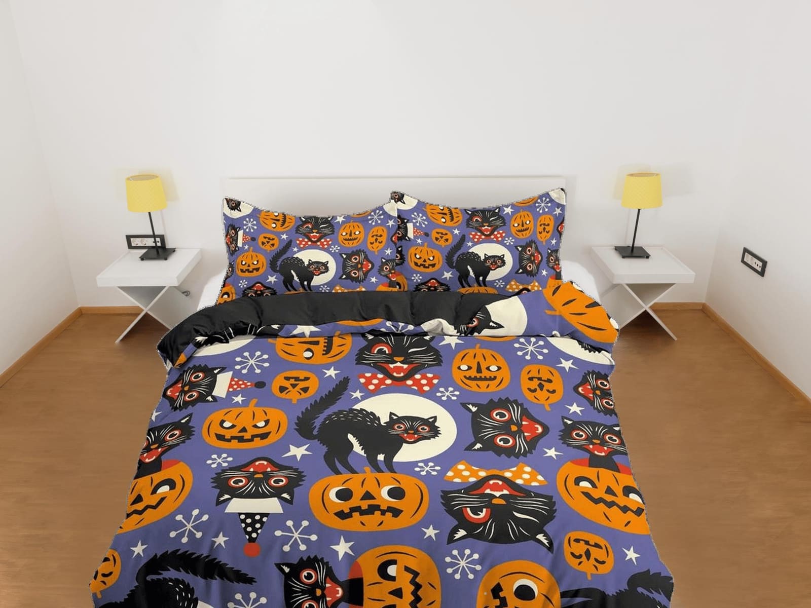 Black cat and pumpkin halloween bedding & pillowcase, periwinkle purple duvet cover set dorm bedding, nursery toddler bedd…