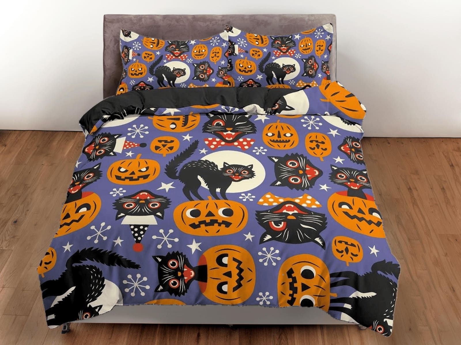 Black cat and pumpkin halloween bedding & pillowcase, periwinkle purple duvet cover set dorm bedding, nursery toddler bedd…