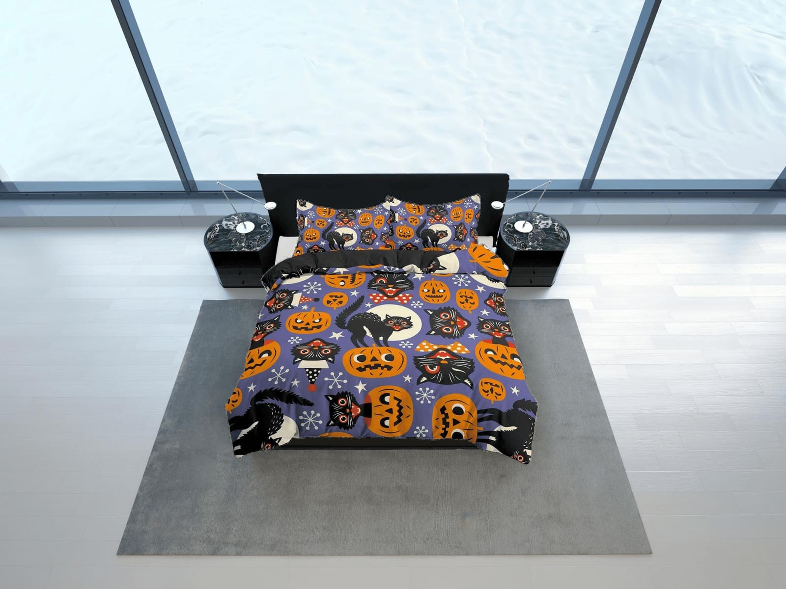 Black cat and pumpkin halloween bedding & pillowcase, periwinkle purple duvet cover set dorm bedding, nursery toddler bedd…