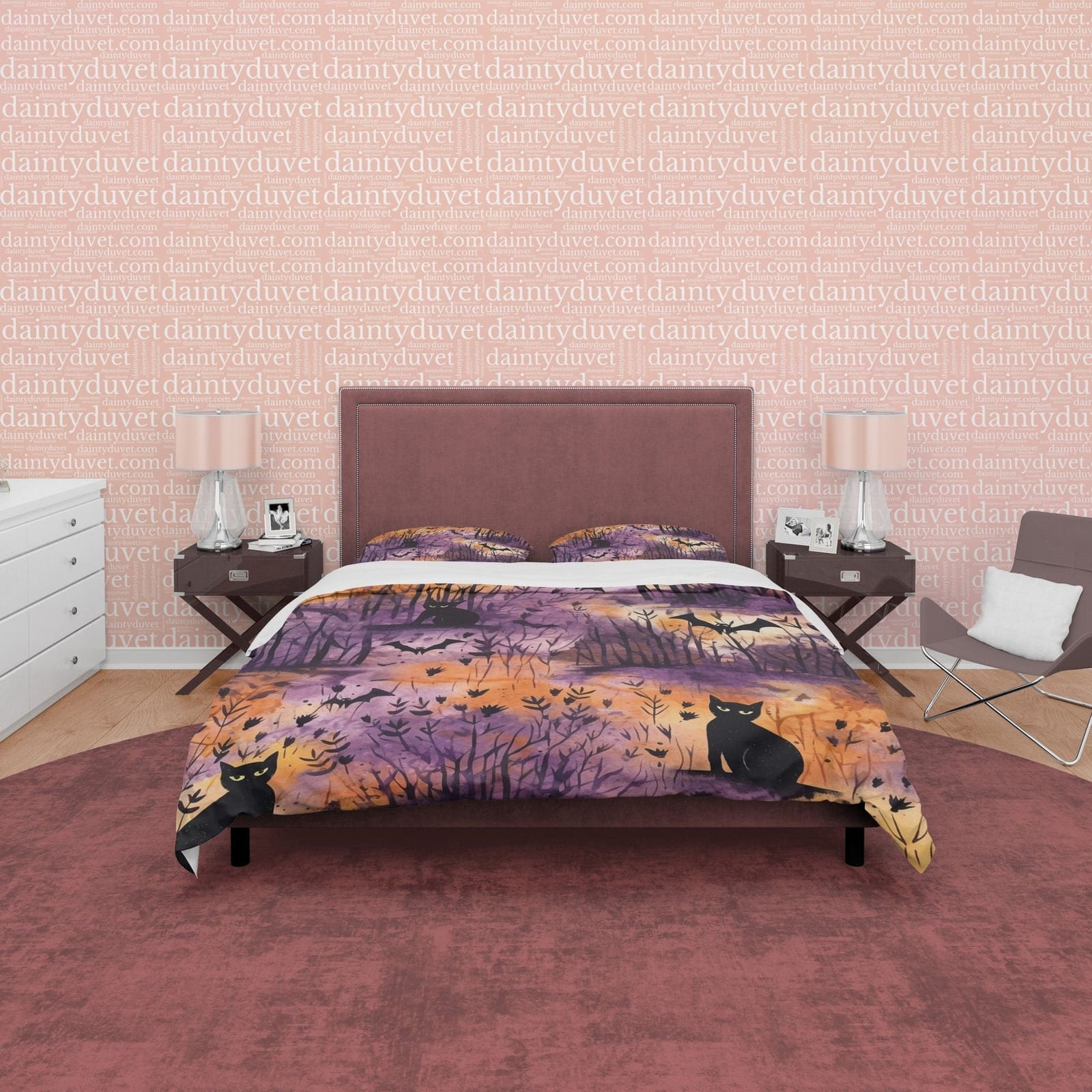Black Cat & Bats in Woods, Duvet Cover, Aesthetic Bedding, Purple Orange Bedspread, Halloween Gift, US, UK, European, Aust…