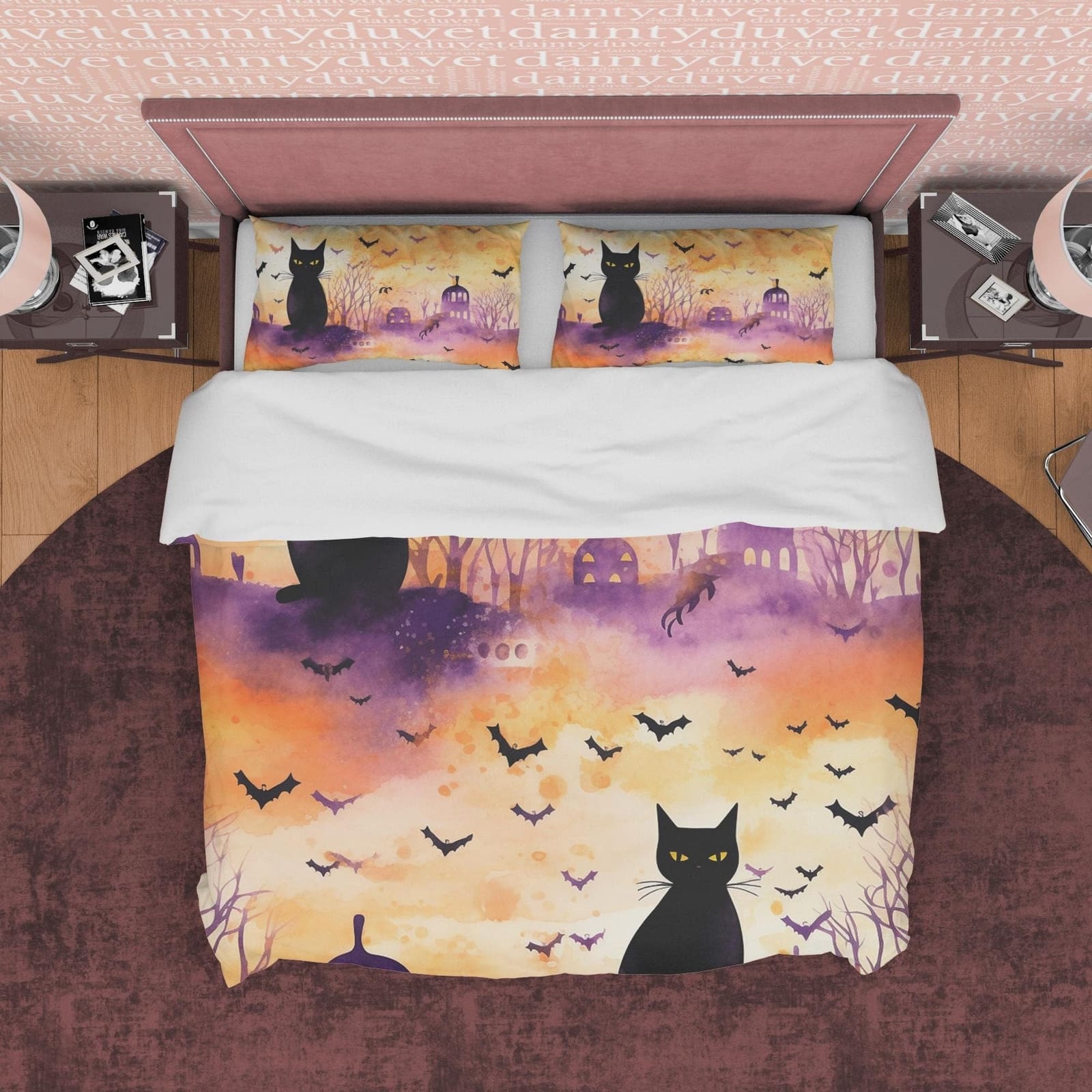 Black Cat & Bats, Orange Painted Duvet Cover Set, Aesthetic Zipper Bedding, Halloween Room Decor, US, UK, European, Austra…