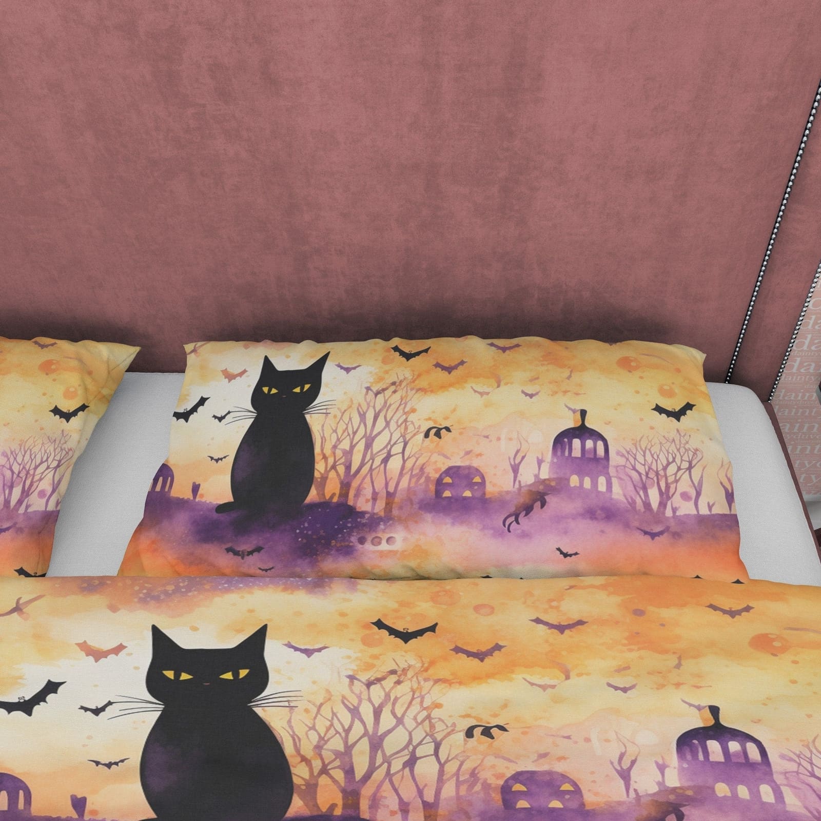 Black Cat & Bats, Orange Painted Duvet Cover Set, Aesthetic Zipper Bedding, Halloween Room Decor, US, UK, European, Austra…