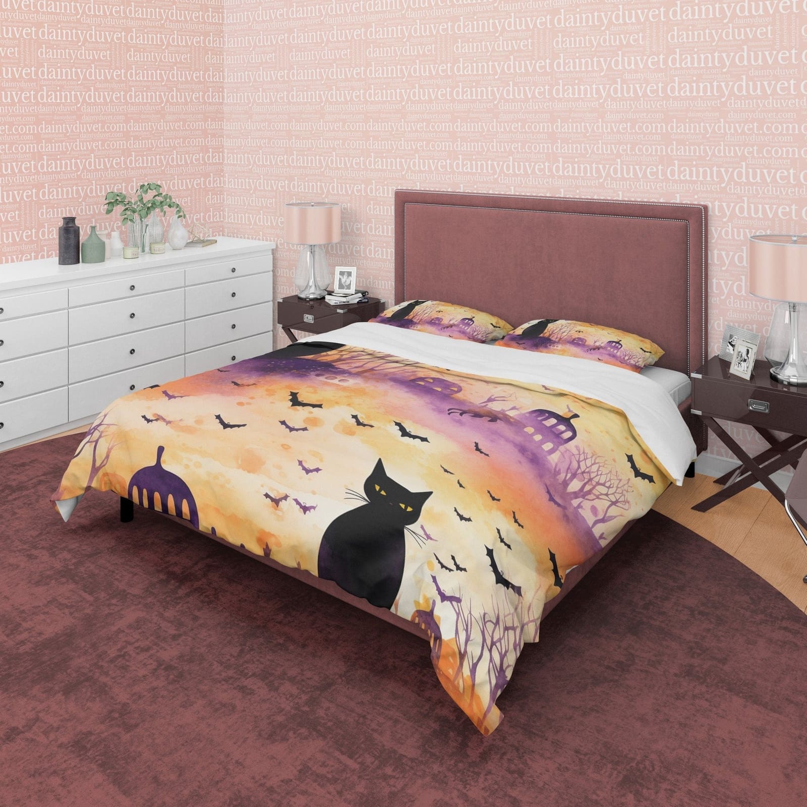 Black Cat & Bats, Orange Painted Duvet Cover Set, Aesthetic Zipper Bedding, Halloween Room Decor, US, UK, European, Austra…