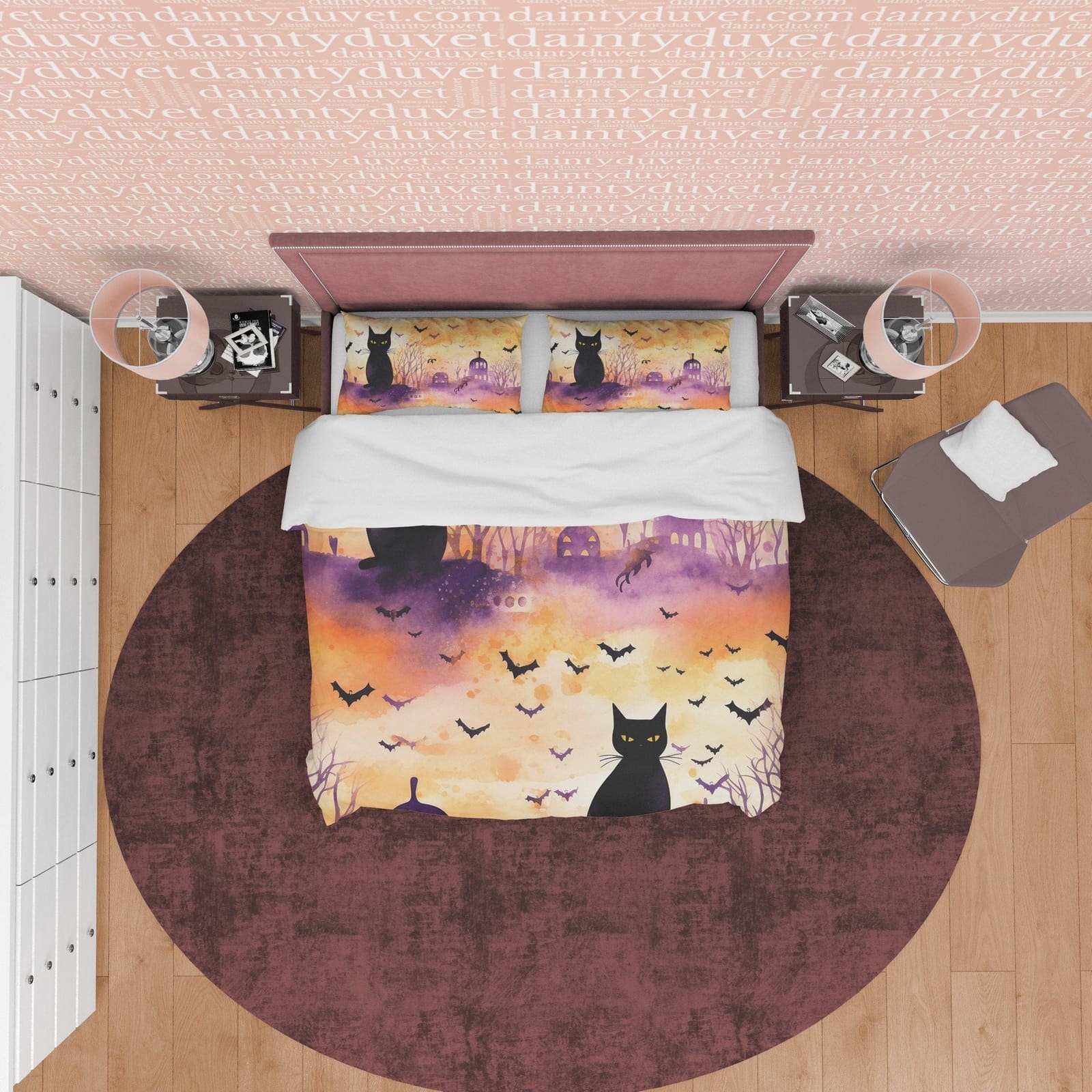 Black Cat & Bats, Orange Painted Duvet Cover Set, Aesthetic Zipper Bedding, Halloween Room Decor, US, UK, European, Austra…