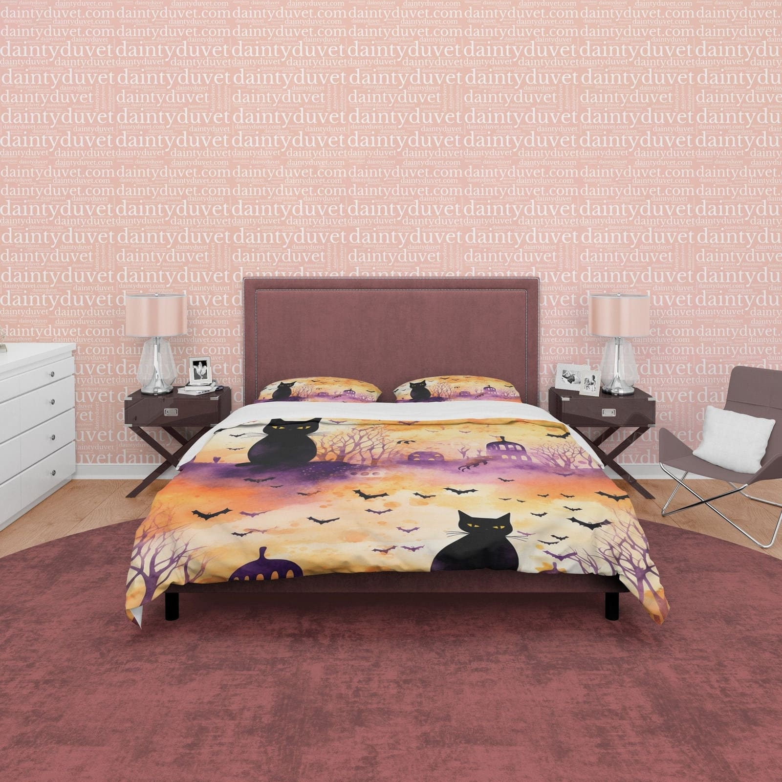 Black Cat & Bats, Orange Painted Duvet Cover Set, Aesthetic Zipper Bedding, Halloween Room Decor, US, UK, European, Austra…