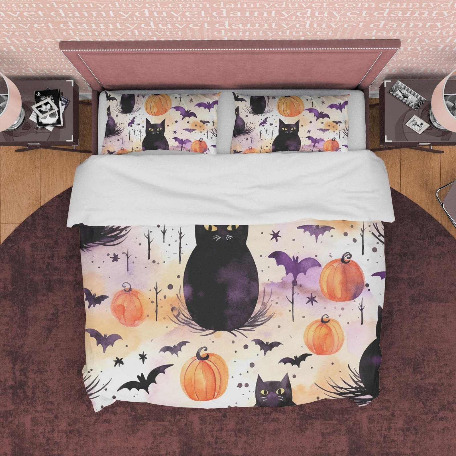 Black Cat with Bats & Pumpkin, Halloween Duvet Cover Set, Aesthetic Bedding Zipper, Spooky Room Decor, US, UK, European, A…