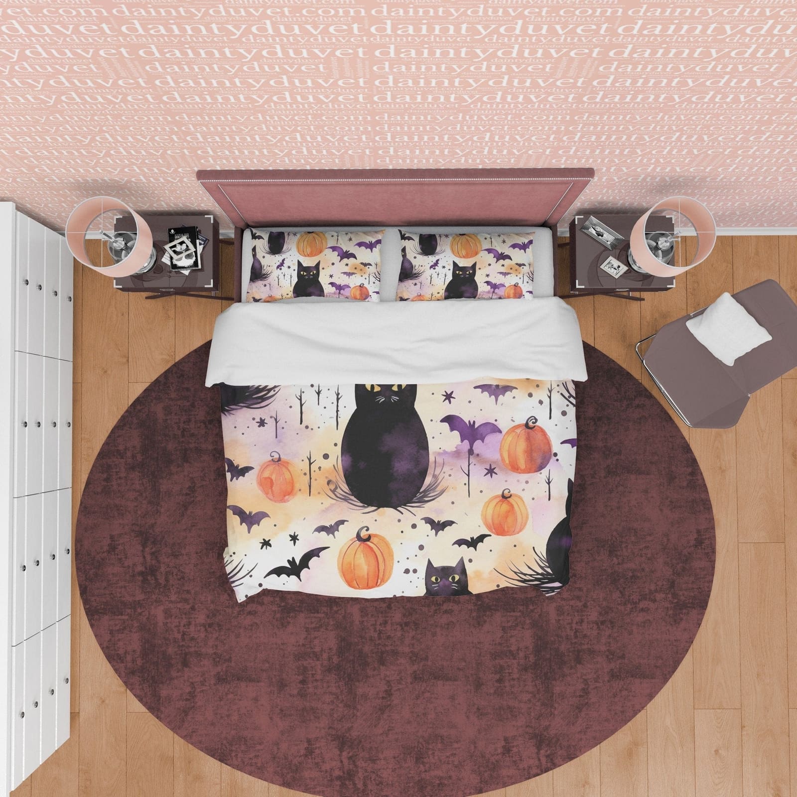 Black Cat with Bats & Pumpkin, Halloween Duvet Cover Set, Aesthetic Bedding Zipper, Spooky Room Decor, US, UK, European, A…