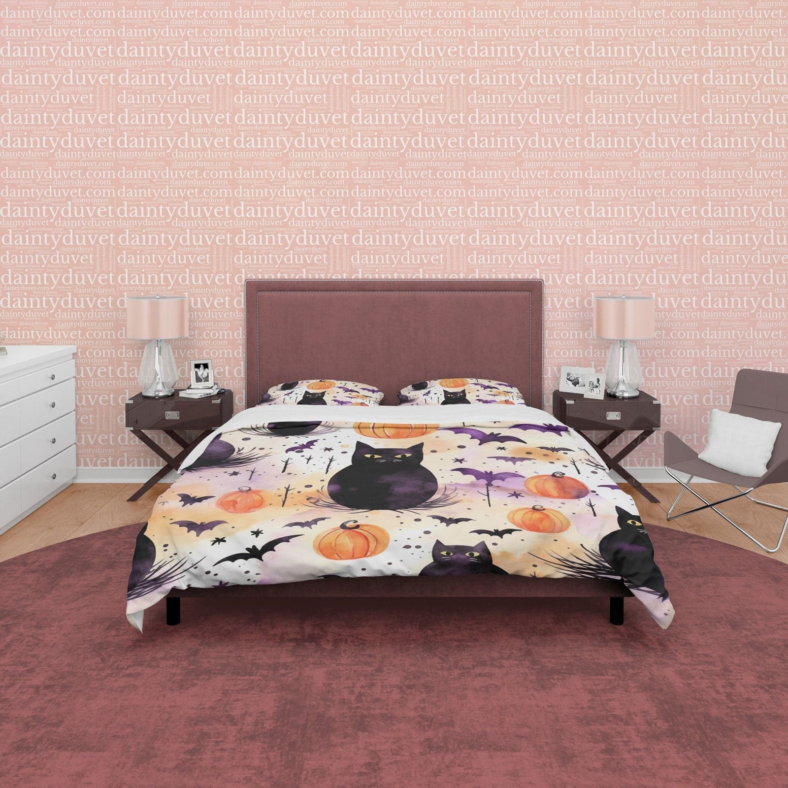 Black Cat with Bats & Pumpkin, Halloween Duvet Cover Set, Aesthetic Bedding Zipper, Spooky Room Decor, US, UK, European, A…