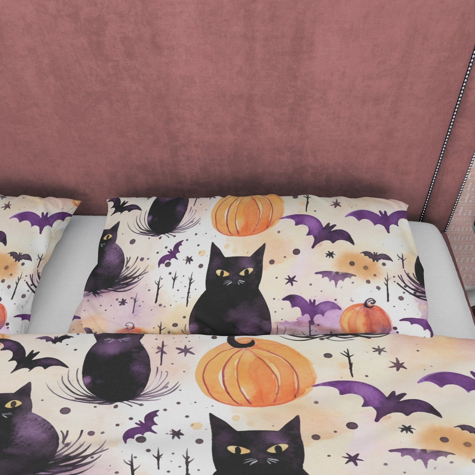 Black Cat with Bats & Pumpkin, Halloween Duvet Cover Set, Aesthetic Bedding Zipper, Spooky Room Decor, US, UK, European, A…