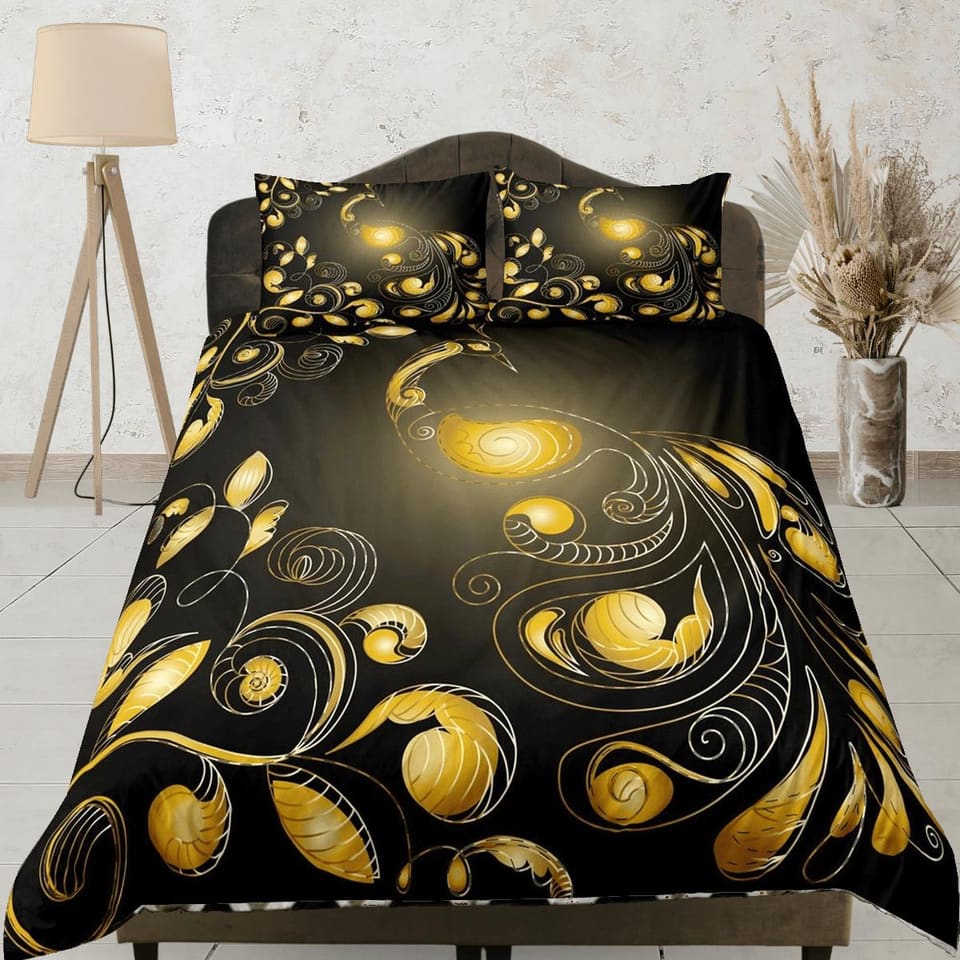 Black duvet cover yellow peacock glowing decor aesthetic bedding set full, luxury duvet queen, king, boho duvet, designer…