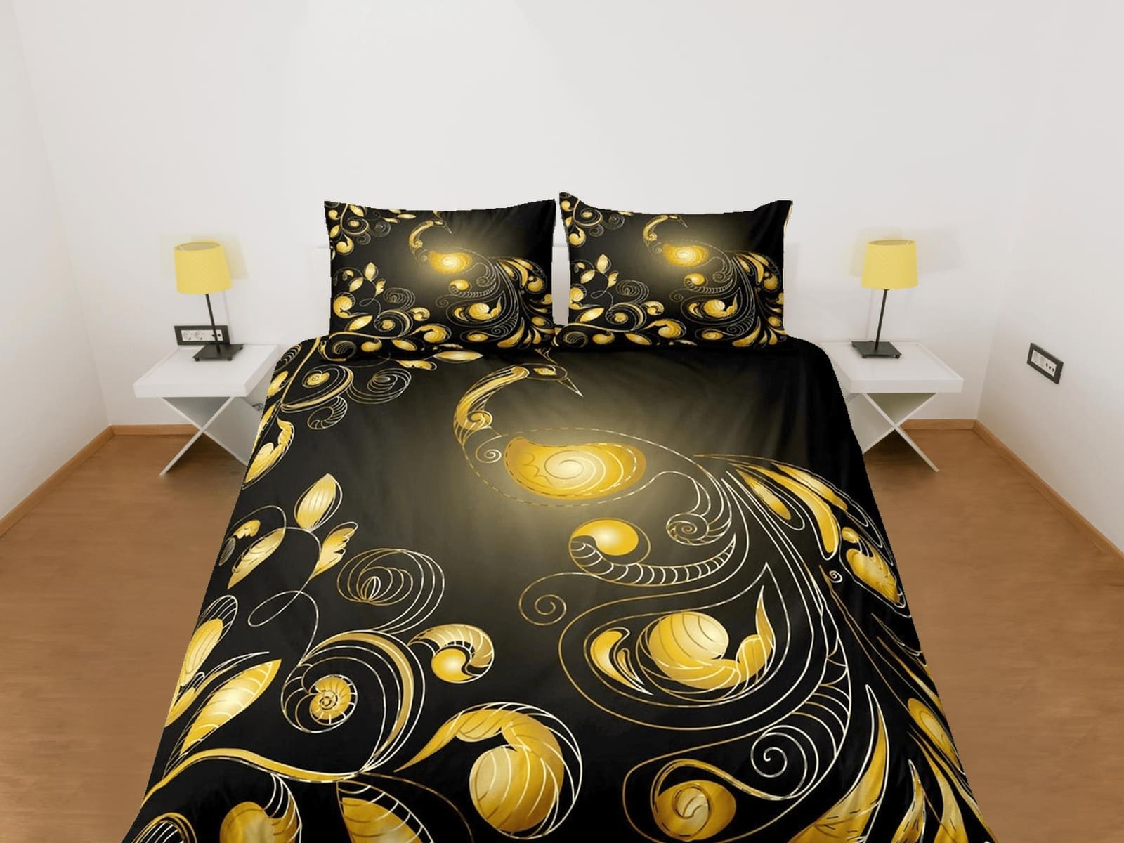Black duvet cover yellow peacock glowing decor aesthetic bedding set full, luxury duvet queen, king, boho duvet, designer…