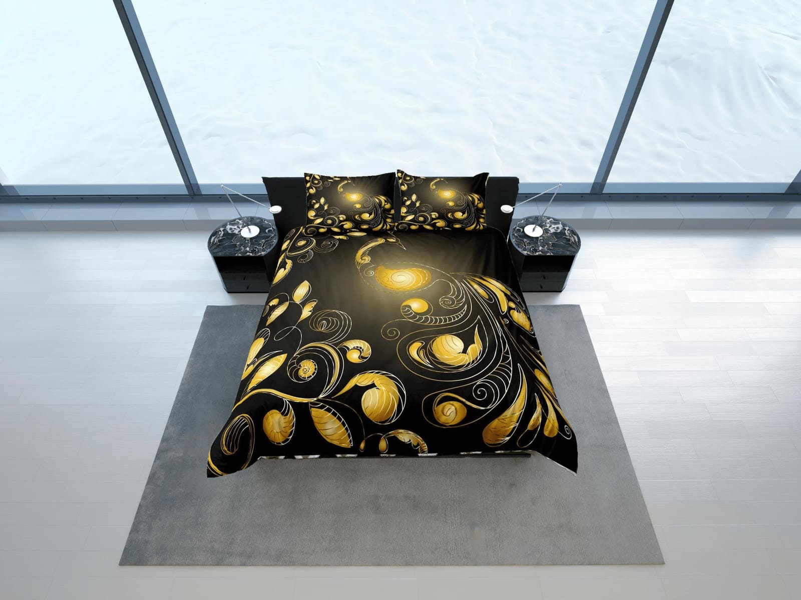 Black duvet cover yellow peacock glowing decor aesthetic bedding set full, luxury duvet queen, king, boho duvet, designer…