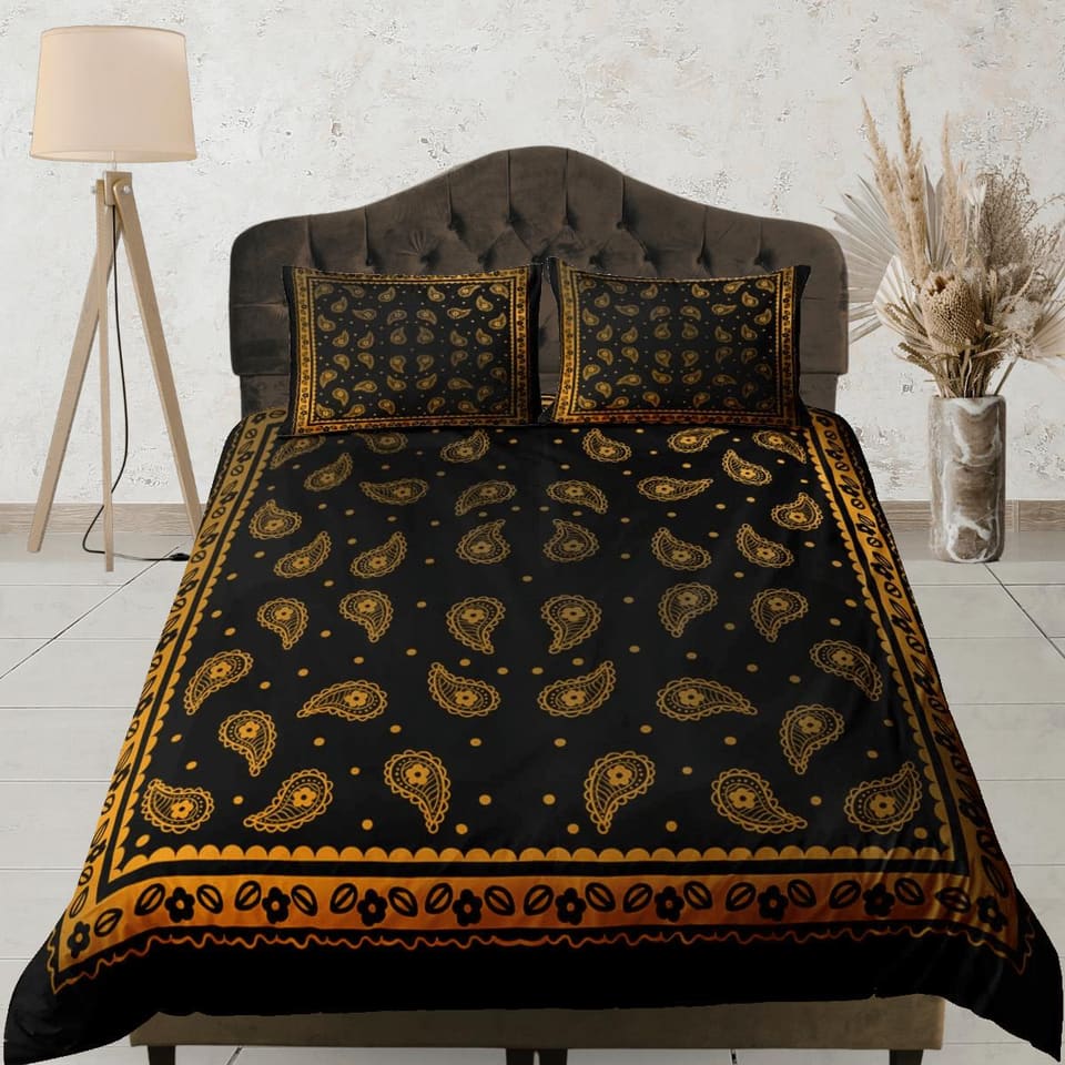 Black orange bandana paisley duvet cover set, aesthetic room decor bedding set full, king, queen size, abstract boho bedsp…