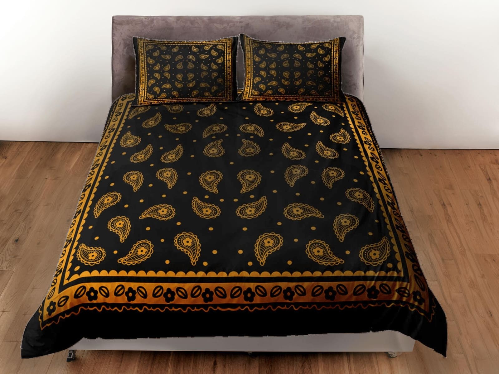 Black orange bandana paisley duvet cover set, aesthetic room decor bedding set full, king, queen size, abstract boho bedsp…