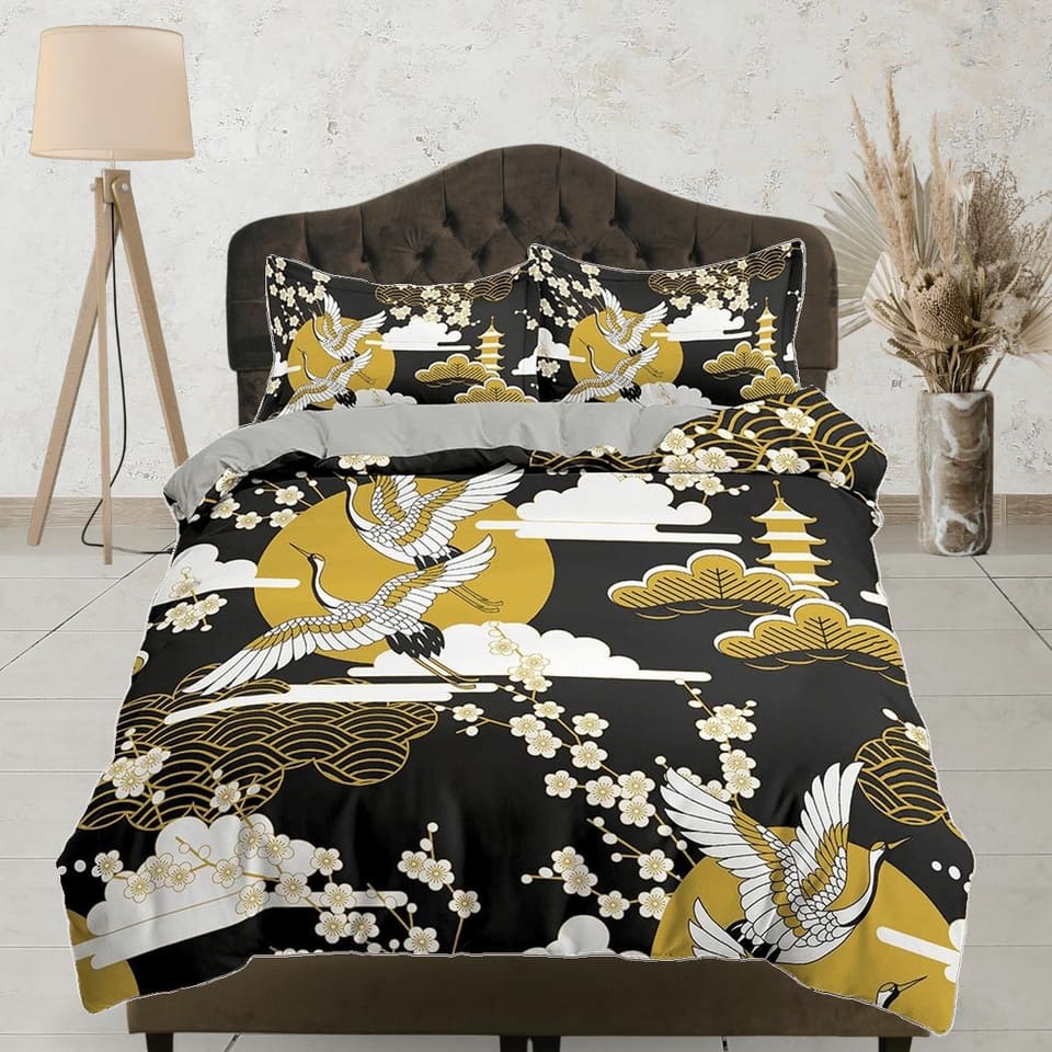 Black oriental bedding, crane bird and cherry blossom prints on Japanese style duvet cover set for king, queen, full, twin…