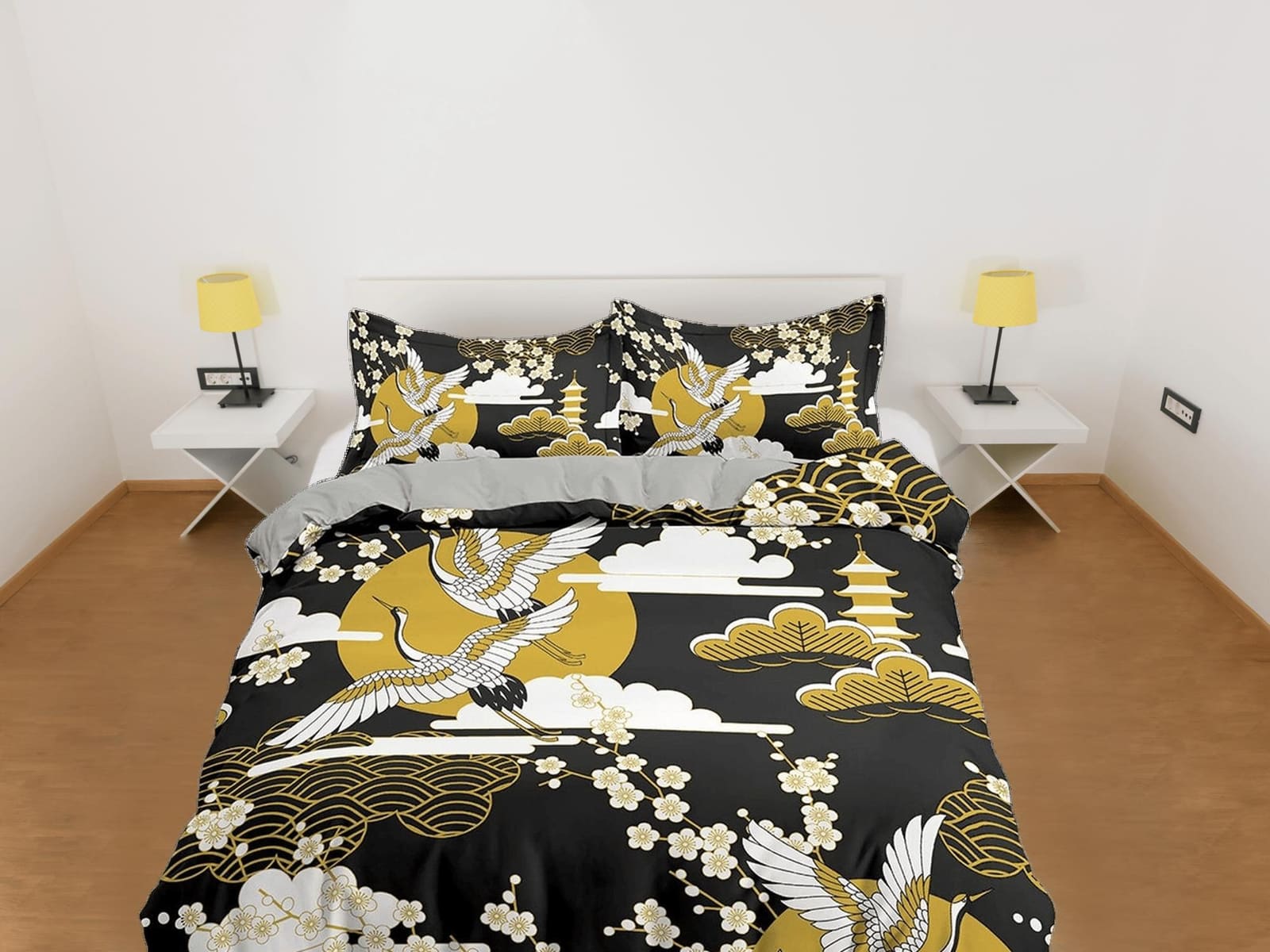 Black oriental bedding, crane bird and cherry blossom prints on Japanese style duvet cover set for king, queen, full, twin…
