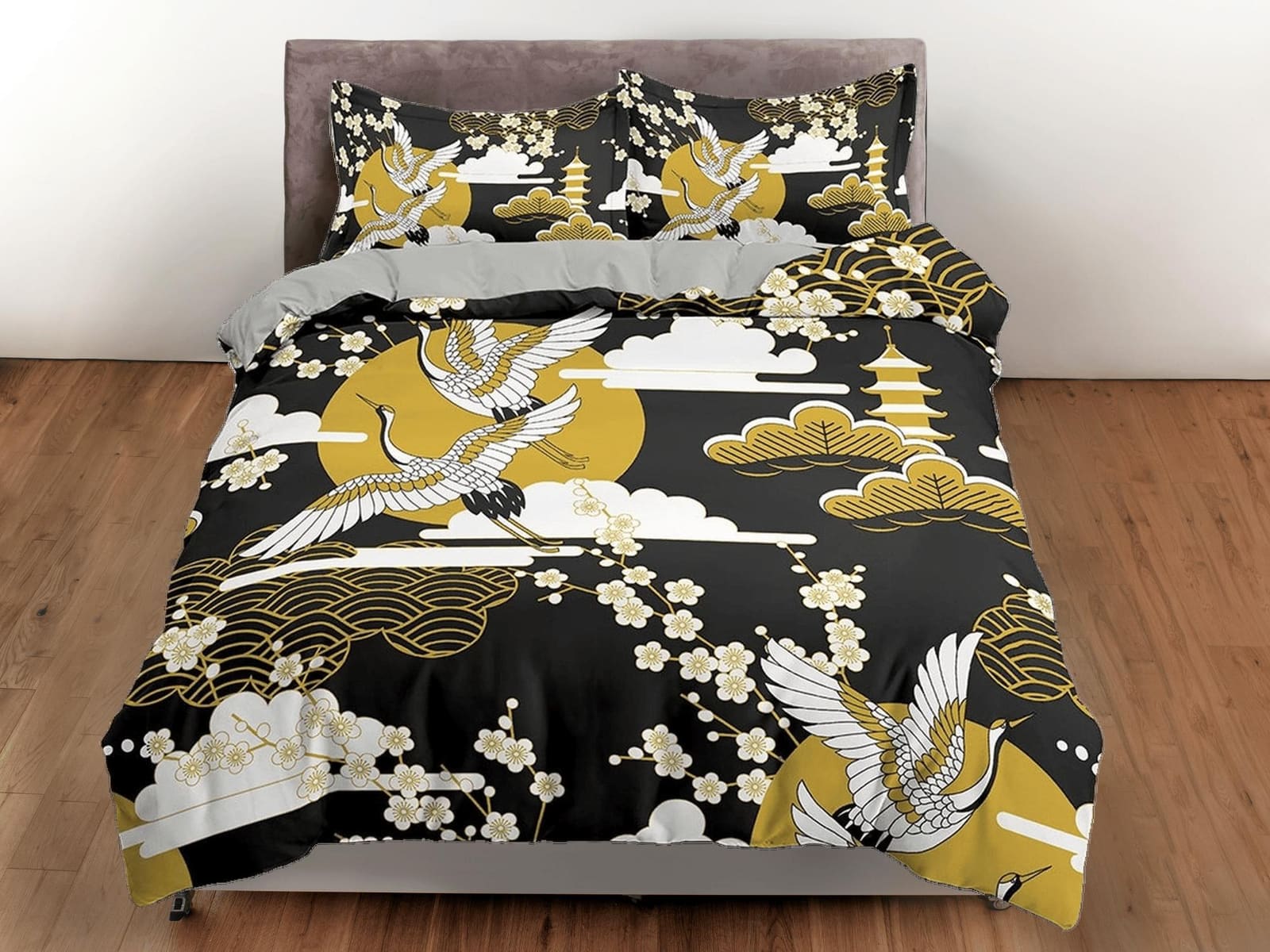 Black oriental bedding, crane bird and cherry blossom prints on Japanese style duvet cover set for king, queen, full, twin…