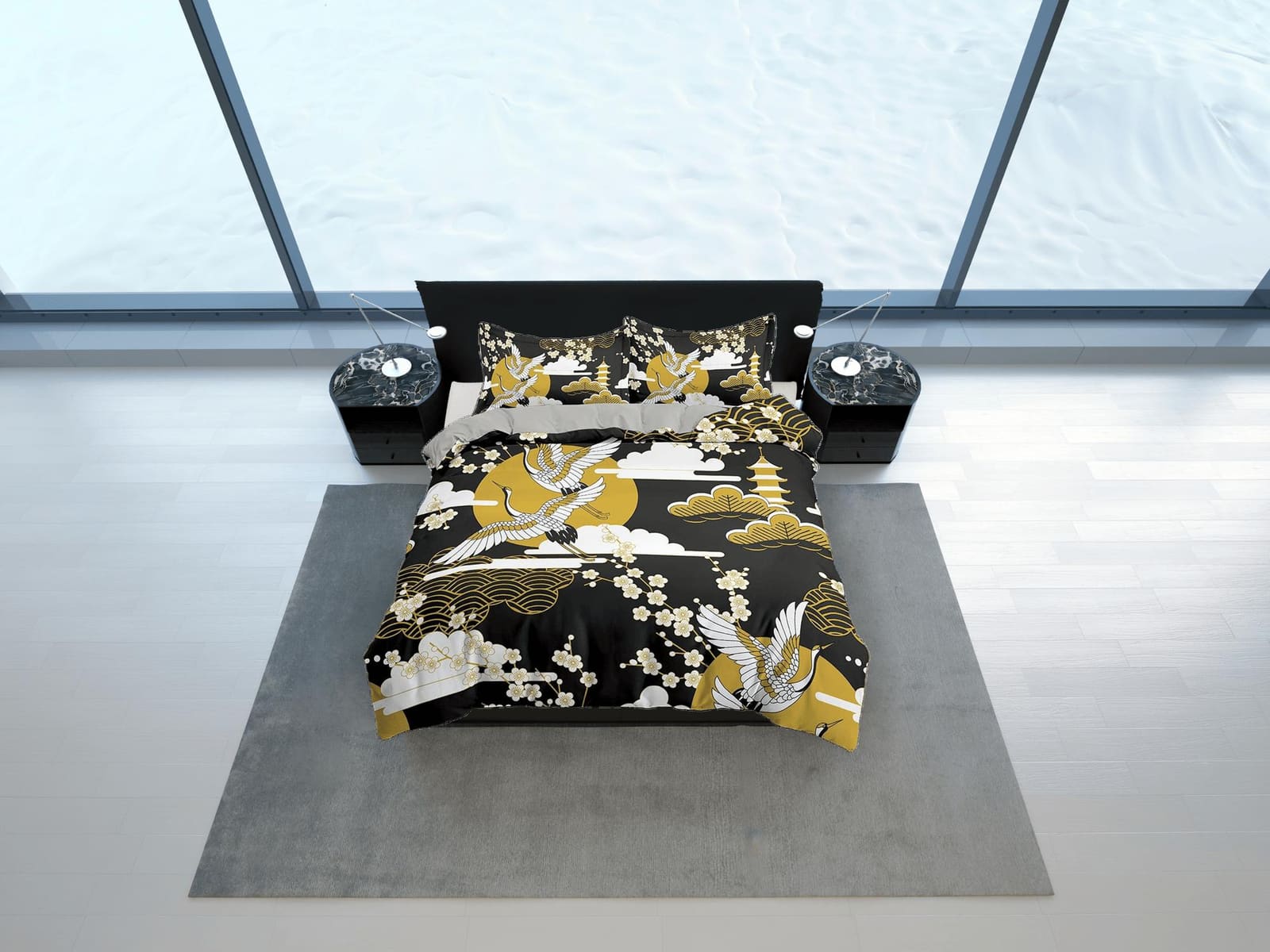 Black oriental bedding, crane bird and cherry blossom prints on Japanese style duvet cover set for king, queen, full, twin…