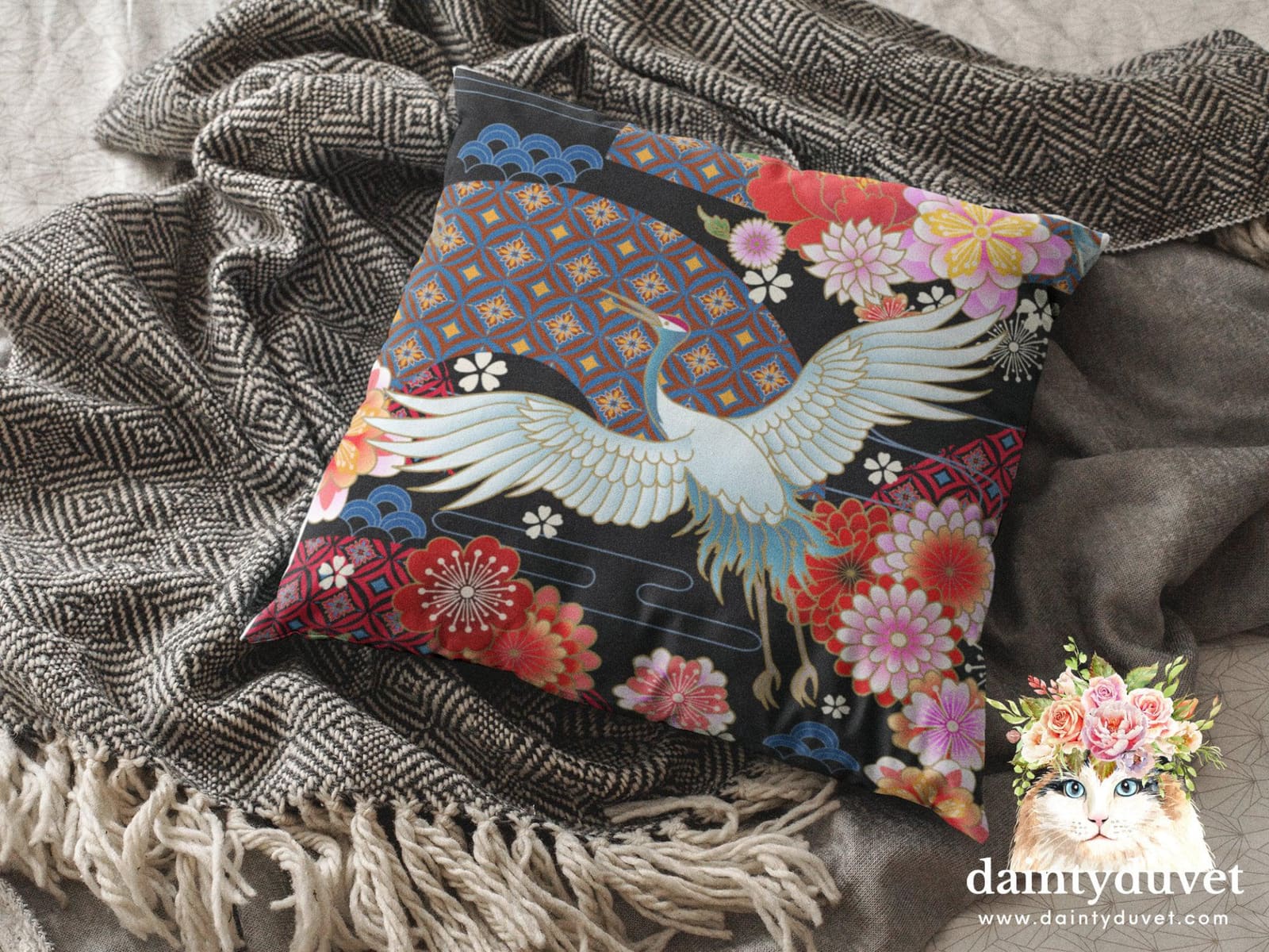 Black Pillowcase with Oriental Crane and Cherry Blossoms Prints, Japanese Fabric Cushion Cover, Japanese Decor Square Pill…