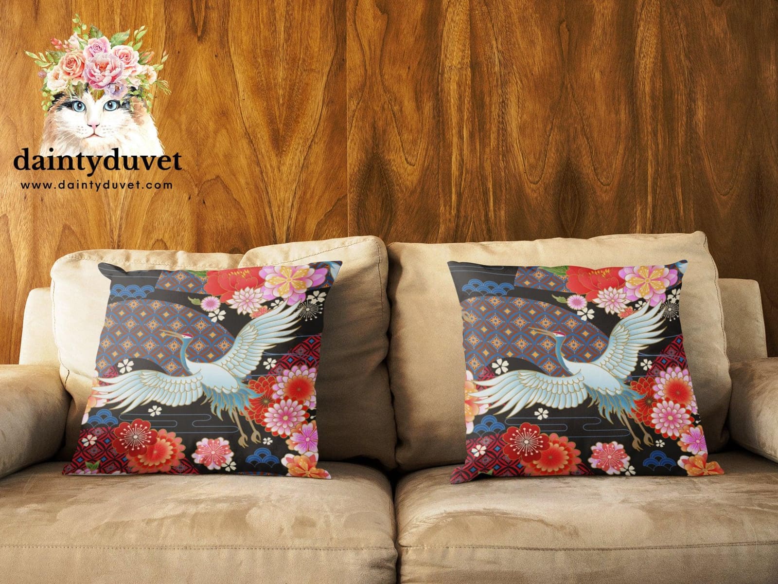 Black Pillowcase with Oriental Crane and Cherry Blossoms Prints, Japanese Fabric Cushion Cover, Japanese Decor Square Pill…