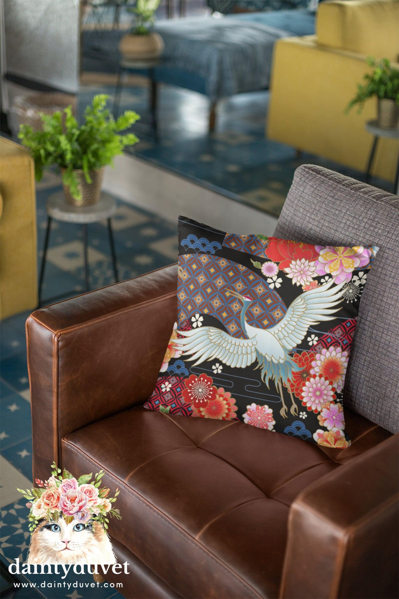 Black Pillowcase with Oriental Crane and Cherry Blossoms Prints, Japanese Fabric Cushion Cover, Japanese Decor Square Pill…