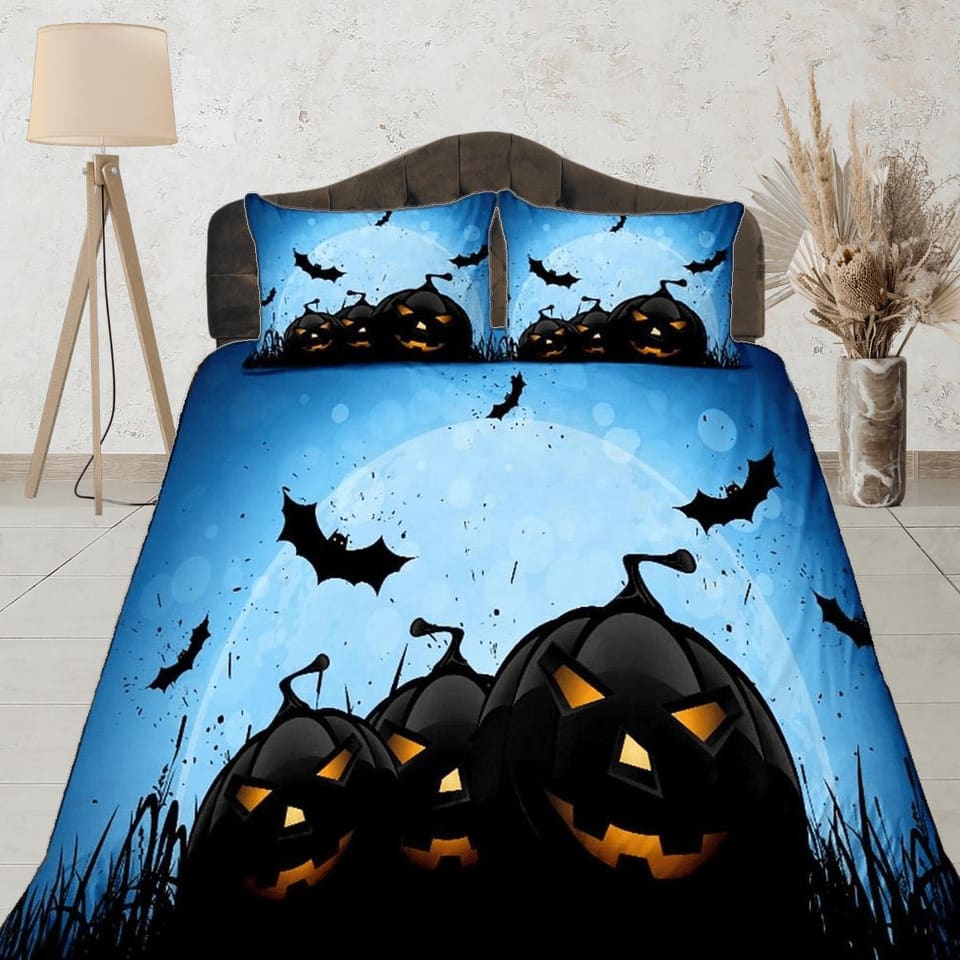 Black pumpkin and flying bats halloween bedding & pillowcase, duvet cover, dorm bedding, blue moon bedding, toddler beddin…