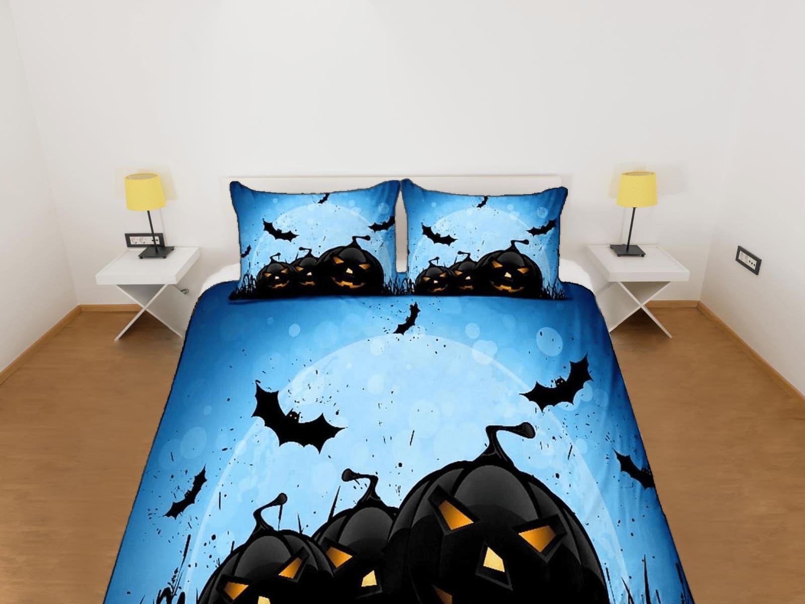 Black pumpkin and flying bats halloween bedding & pillowcase, duvet cover, dorm bedding, blue moon bedding, toddler beddin…