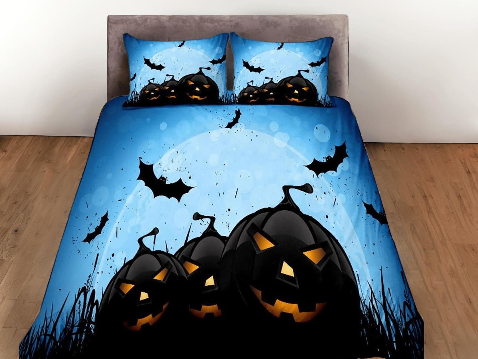 Black pumpkin and flying bats halloween bedding & pillowcase, duvet cover, dorm bedding, blue moon bedding, toddler beddin…