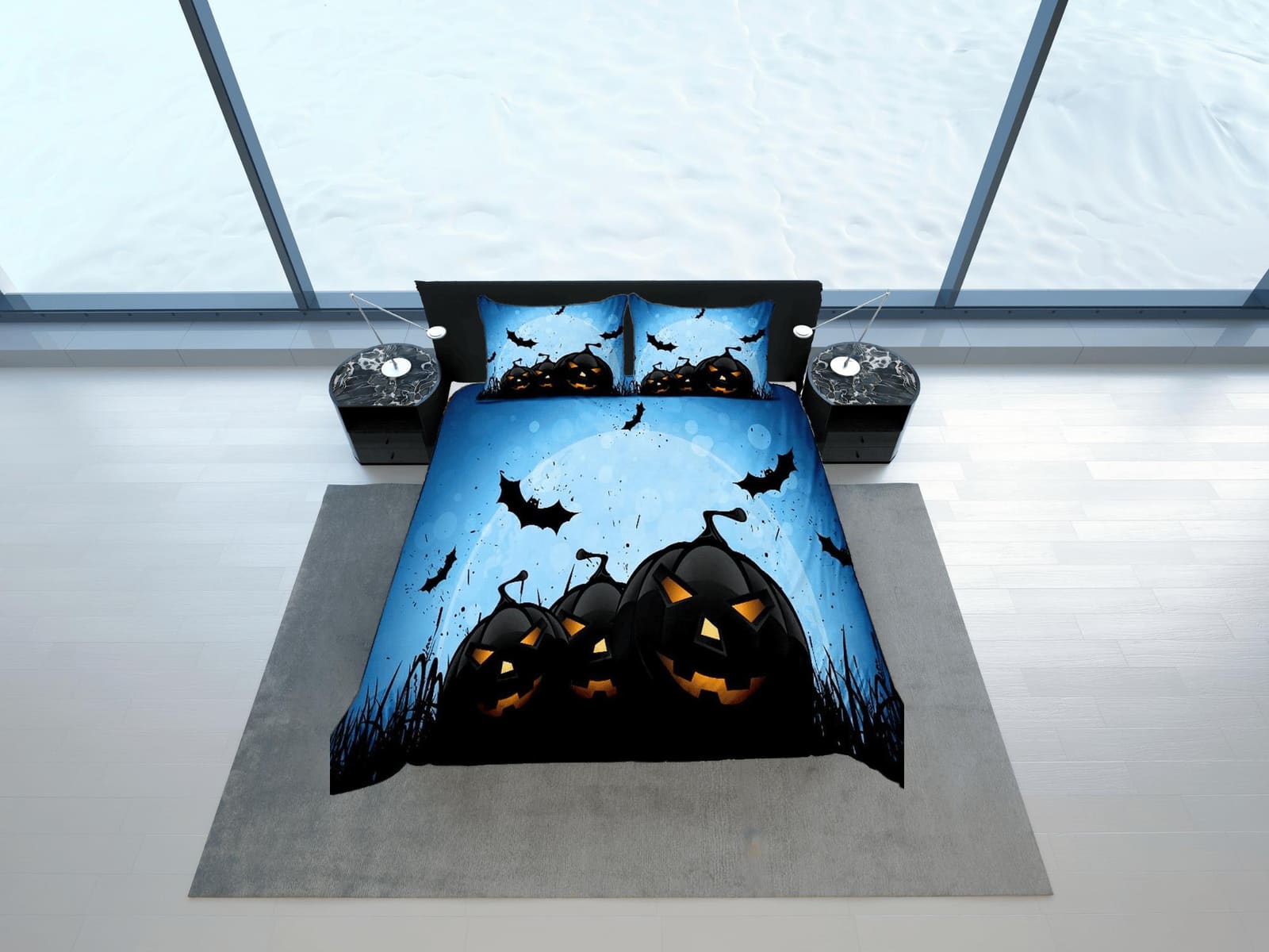 Black pumpkin and flying bats halloween bedding & pillowcase, duvet cover, dorm bedding, blue moon bedding, toddler beddin…