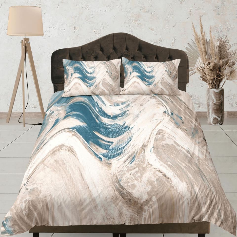 Blue and beige marble bedding contemporary bedroom set aesthetic duvet cover, abstract art room decor boho chic bedding se…