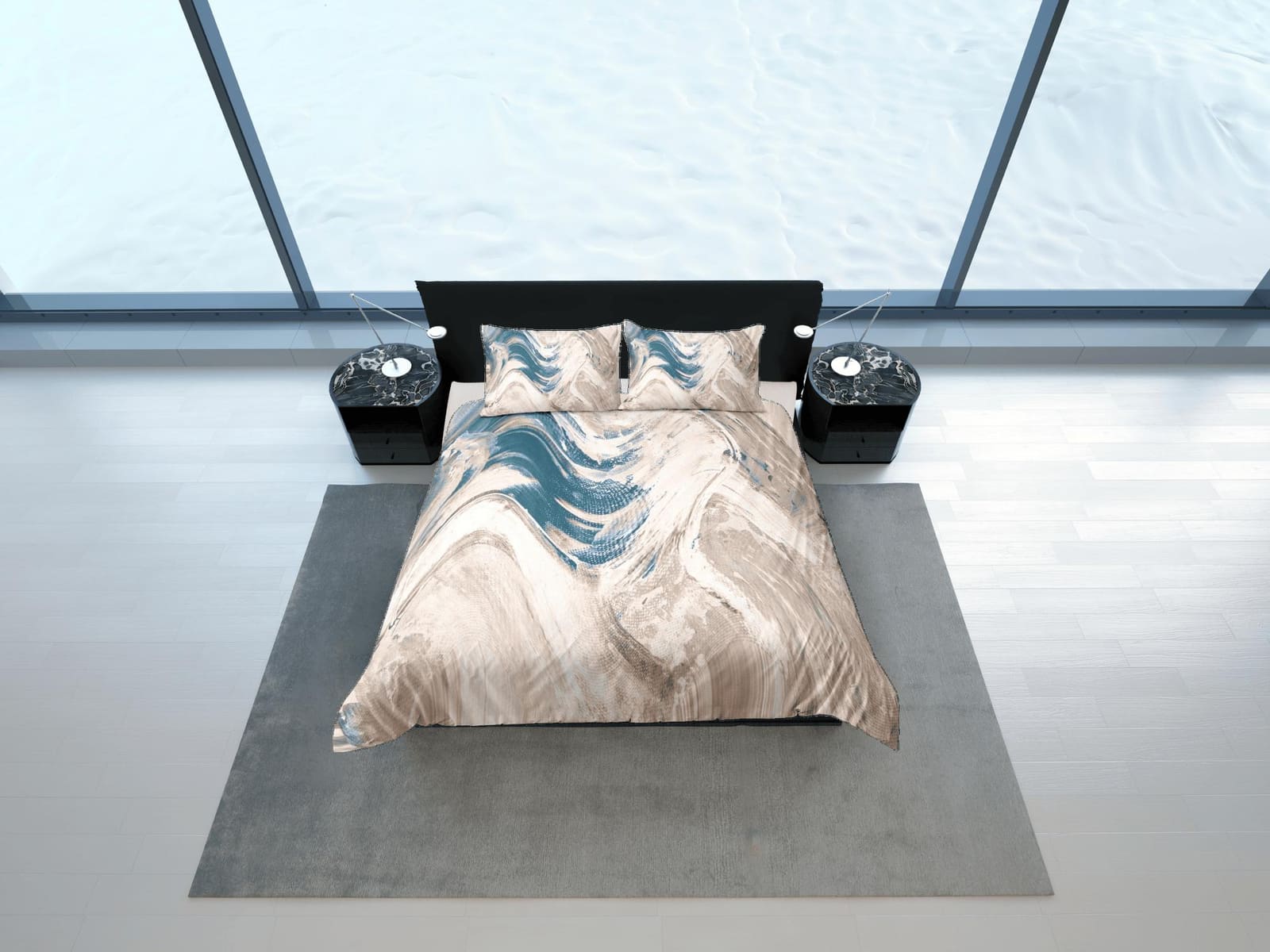 Blue and beige marble bedding contemporary bedroom set aesthetic duvet cover, abstract art room decor boho chic bedding se…
