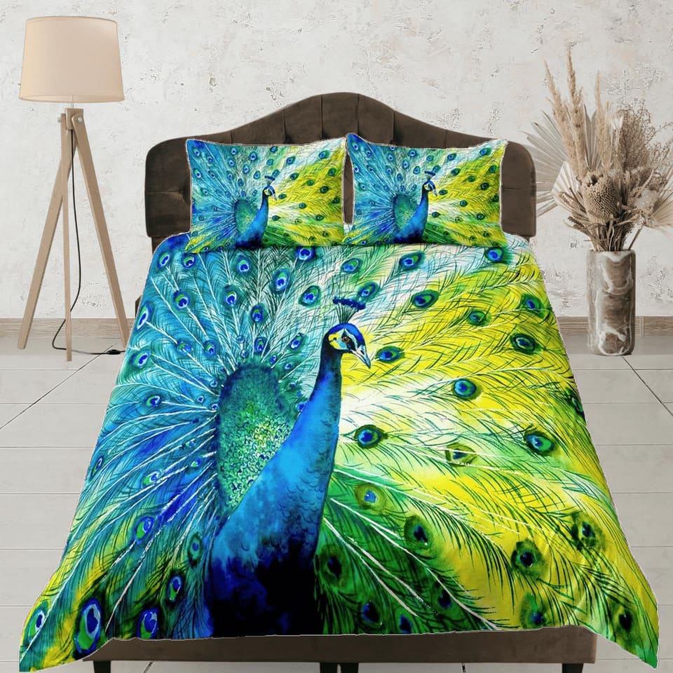 Blue and green peacock decor aesthetic bedding set full, luxury duvet cover queen, king, boho duvet, designer bedding, max…