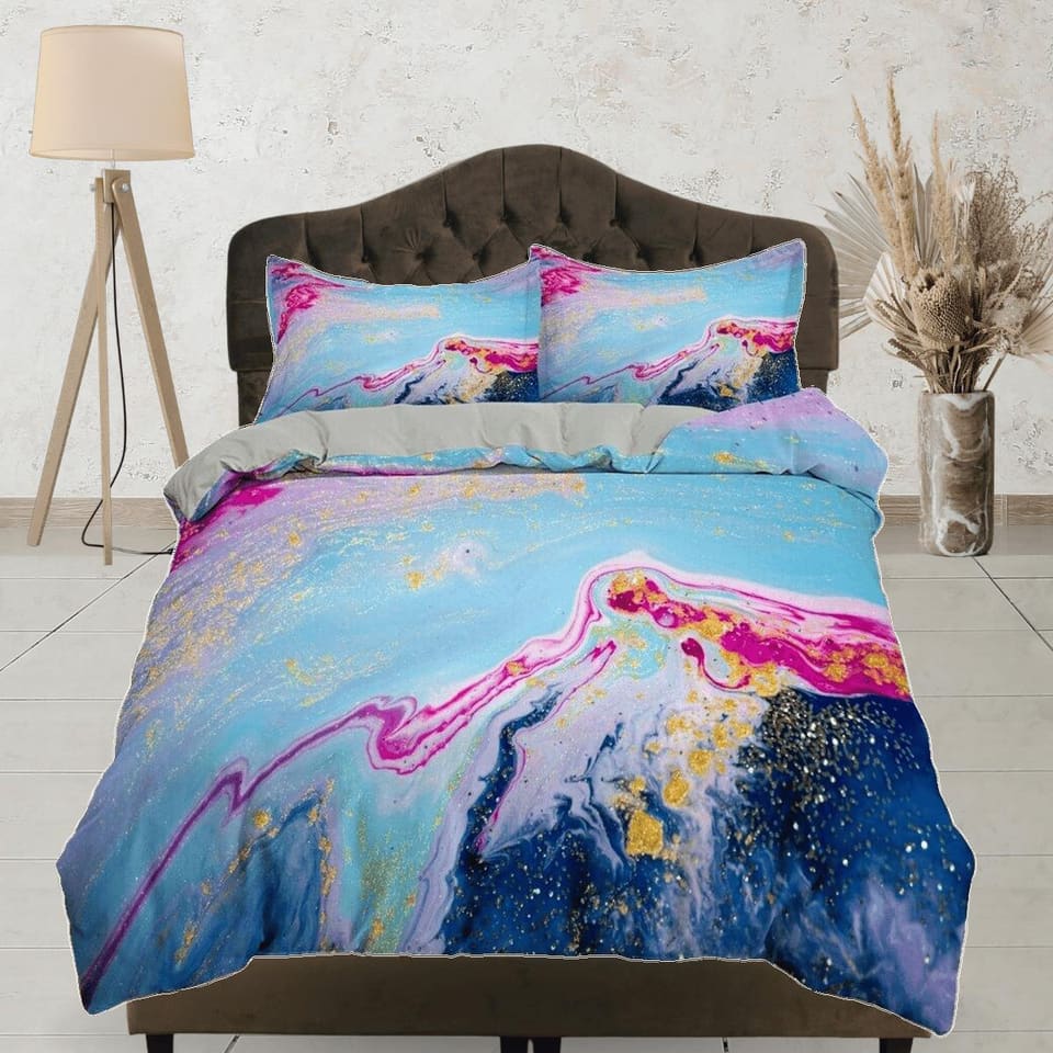 Blue and pink contemporary bedroom set aesthetic duvet cover, alcohol ink abstract art room decor boho chic bedding set fu…
