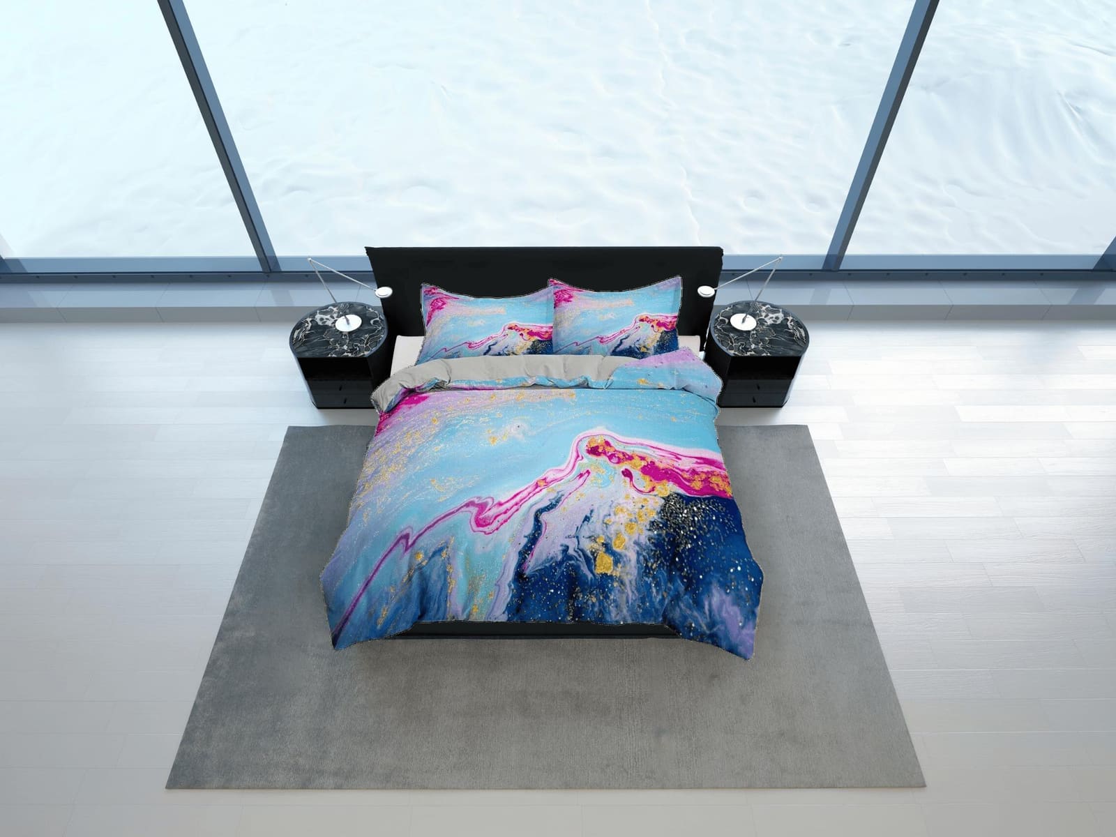 Blue and pink contemporary bedroom set aesthetic duvet cover, alcohol ink abstract art room decor boho chic bedding set fu…