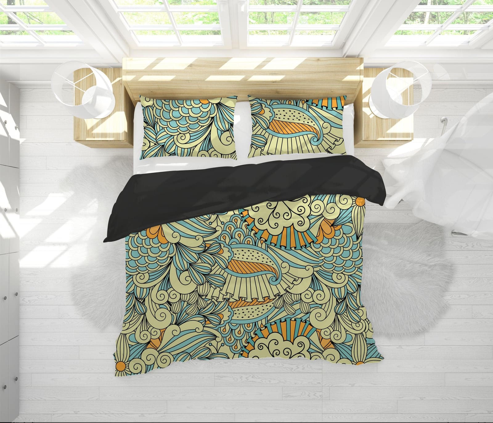Blue and Yellow Mermaid Paisley Pattern Duvet Cover Set with Pillowcase, Dorm Bedding Set, Comforter Cover