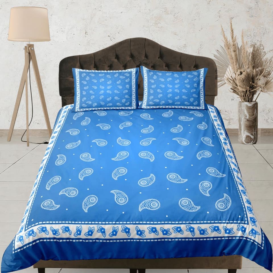 Blue bandana paisley duvet cover set, aesthetic room decor bedding set full, king, queen size, abstract boho bedspread, lu…