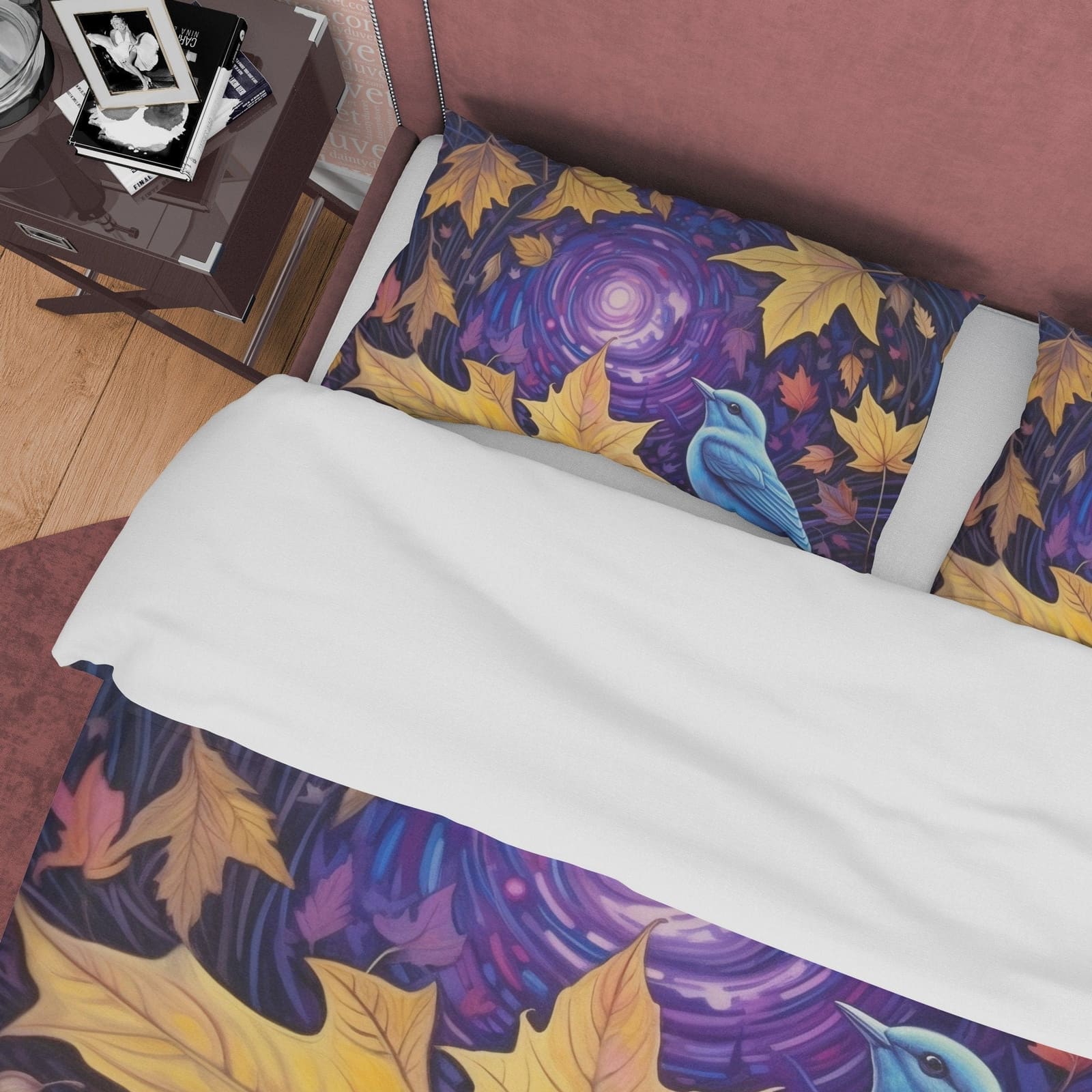Blue Bird Fall Duvet Cover Purple Bedding Set, Warm Autumn Colors Printed Quilt Cover, Foliage Bedspread, Windy Themed Bla…