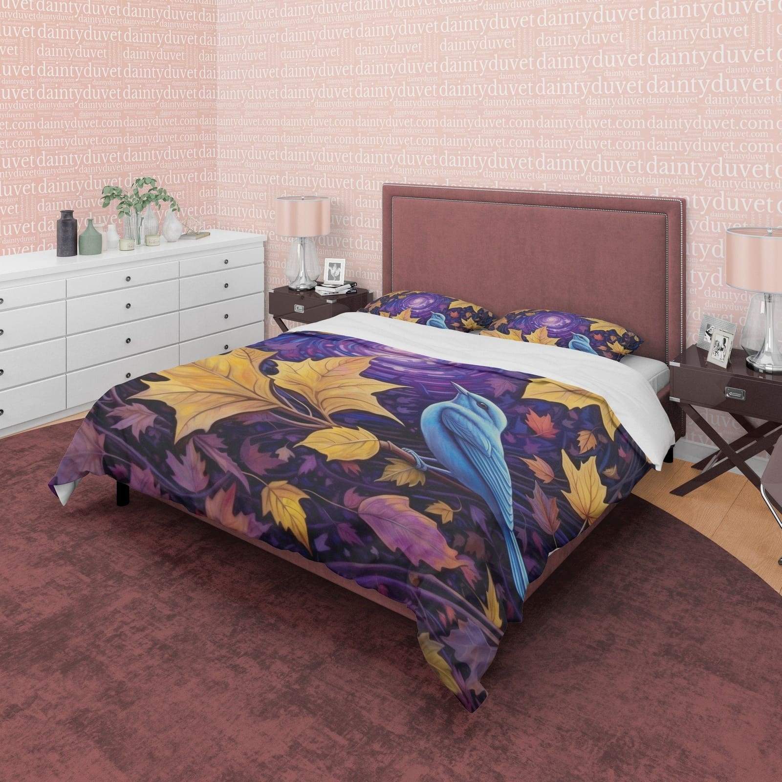 Blue Bird Fall Duvet Cover Purple Bedding Set, Warm Autumn Colors Printed Quilt Cover, Foliage Bedspread, Windy Themed Bla…