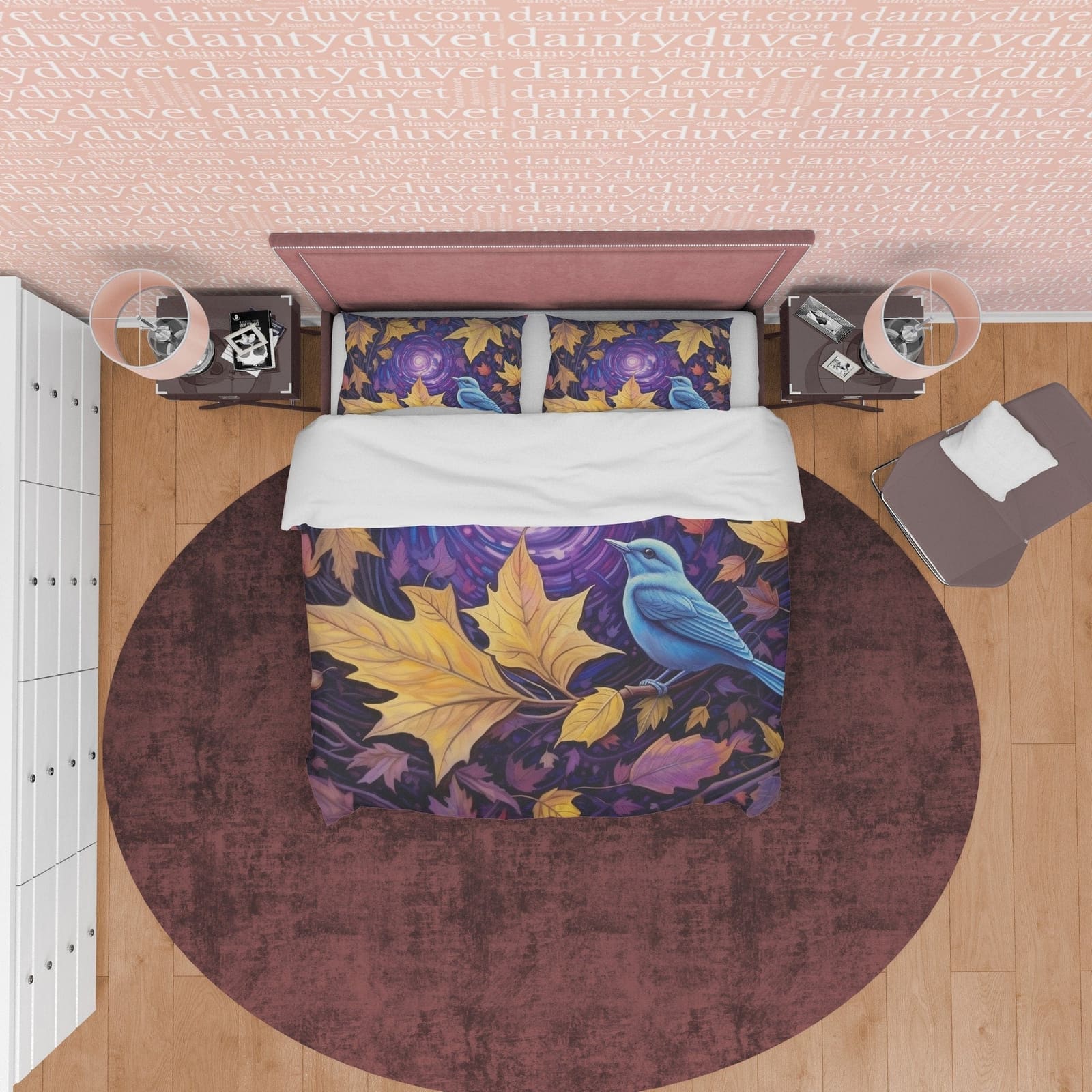 Blue Bird Fall Duvet Cover Purple Bedding Set, Warm Autumn Colors Printed Quilt Cover, Foliage Bedspread, Windy Themed Bla…