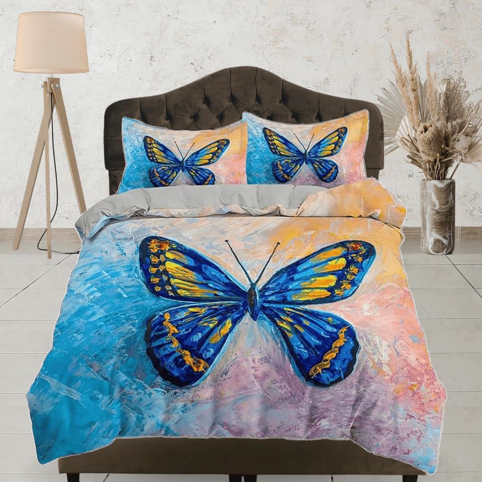 Blue butterfly art painting bedding duvet cover boho chic dorm bedding full size adult duvet king queen twin, nursery todd…