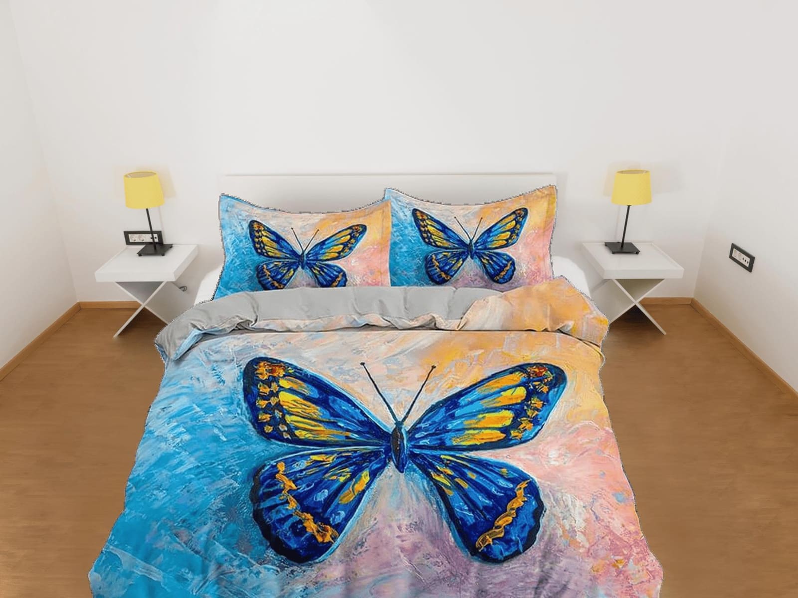 Blue butterfly art painting bedding duvet cover boho chic dorm bedding full size adult duvet king queen twin, nursery todd…