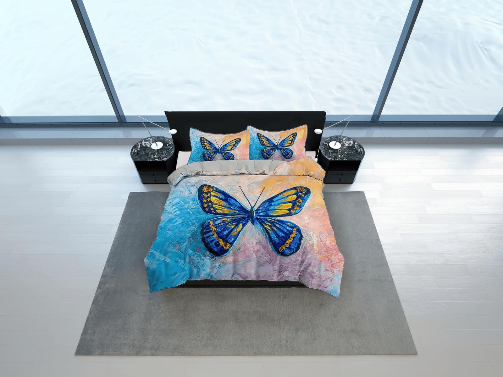 Blue butterfly art painting bedding duvet cover boho chic dorm bedding full size adult duvet king queen twin, nursery todd…