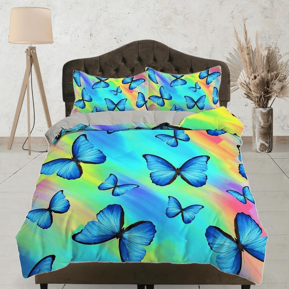 Blue butterfly colorful bedding duvet cover boho chic dorm bedding full size adult duvet king queen twin, butterfly nurser…